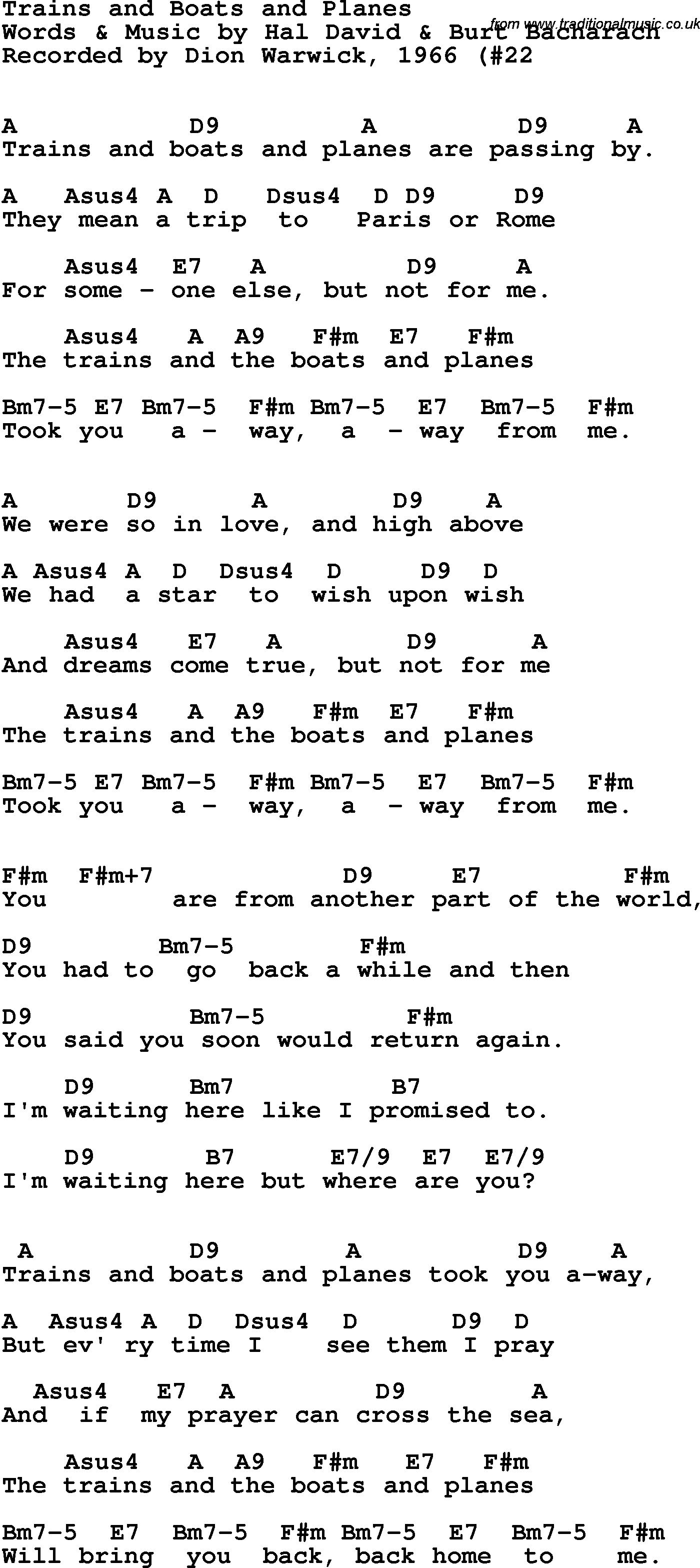 Song Lyrics with guitar chords for Trains And Boats And Planes - Dionne Warwick, 1962