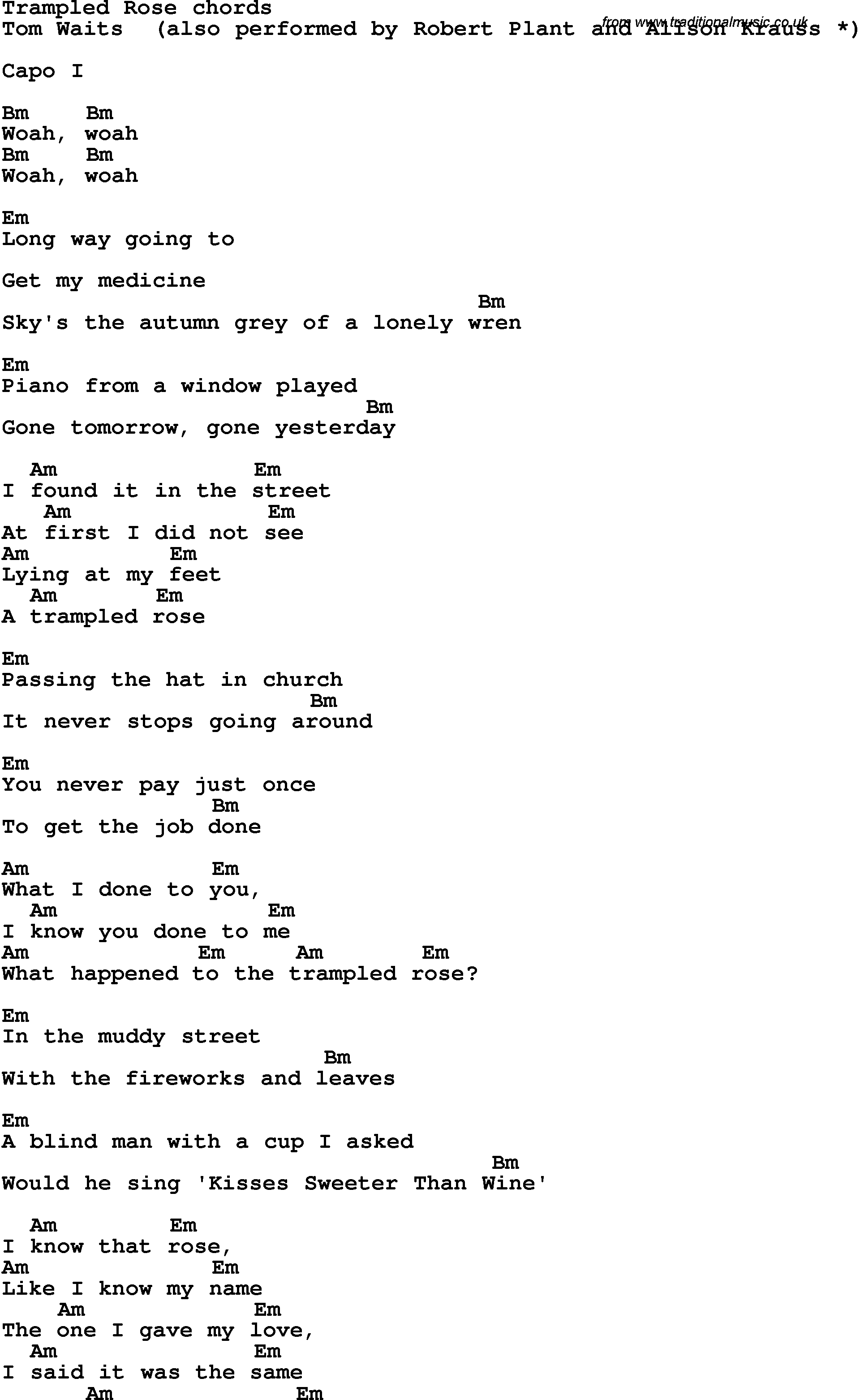 Song Lyrics with guitar chords for Trampled Rose
