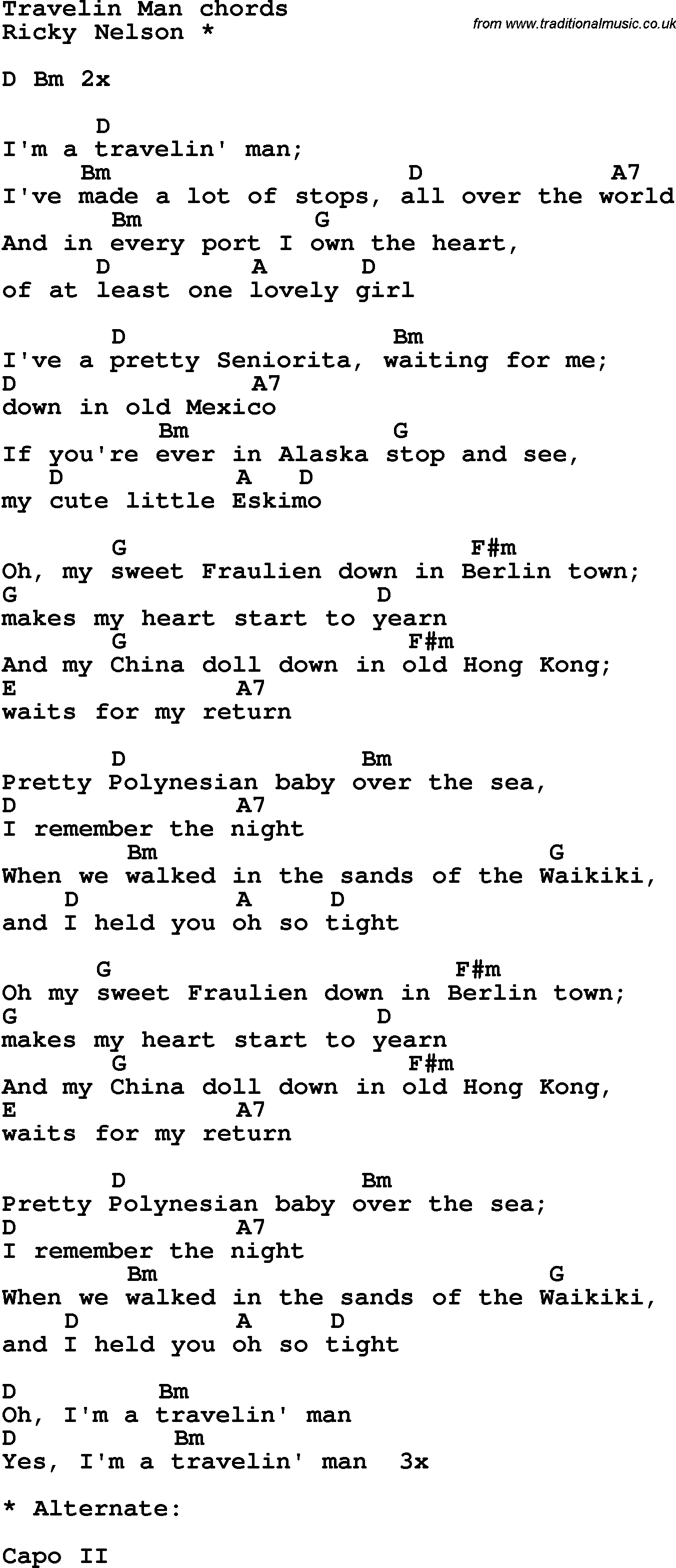 Song Lyrics with guitar chords for Travelin Man