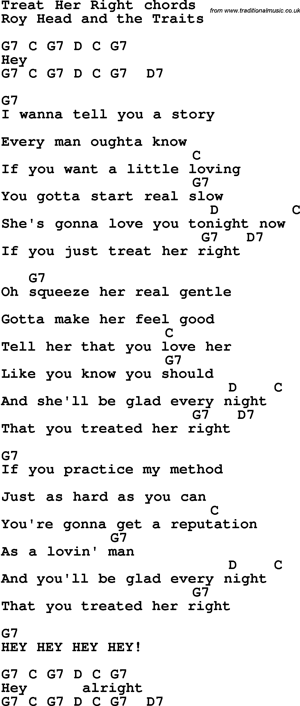 Song Lyrics with guitar chords for Treat Her Right