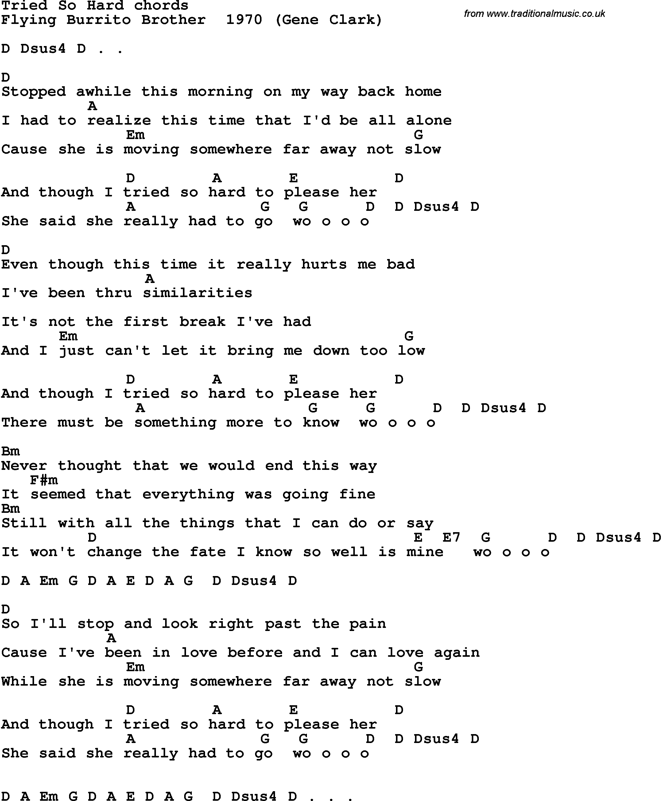 Song Lyrics with guitar chords for Tried So Hard