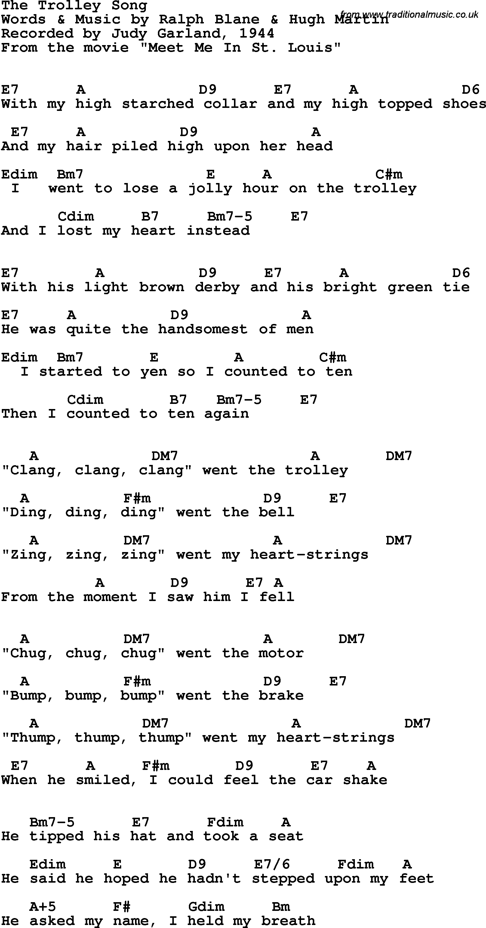 Song Lyrics with guitar chords for Trolley Song, The - Judy Garland, 1944