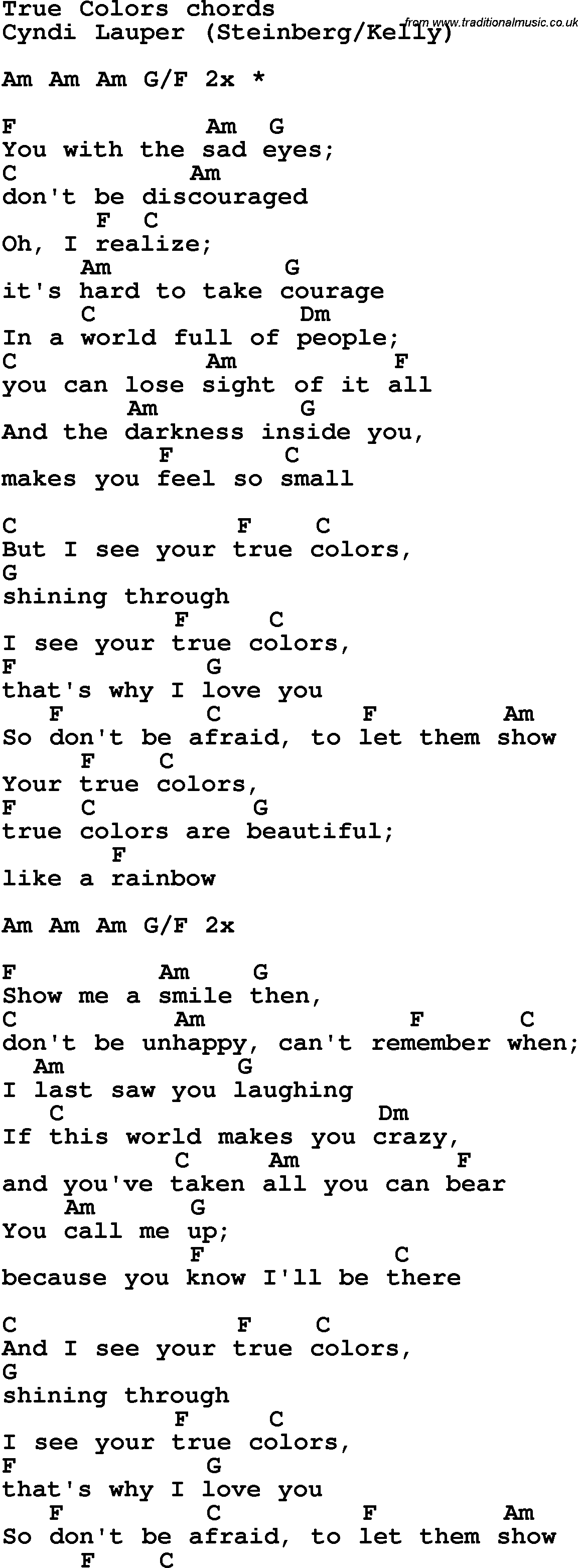 Song Lyrics with guitar chords for True Colors