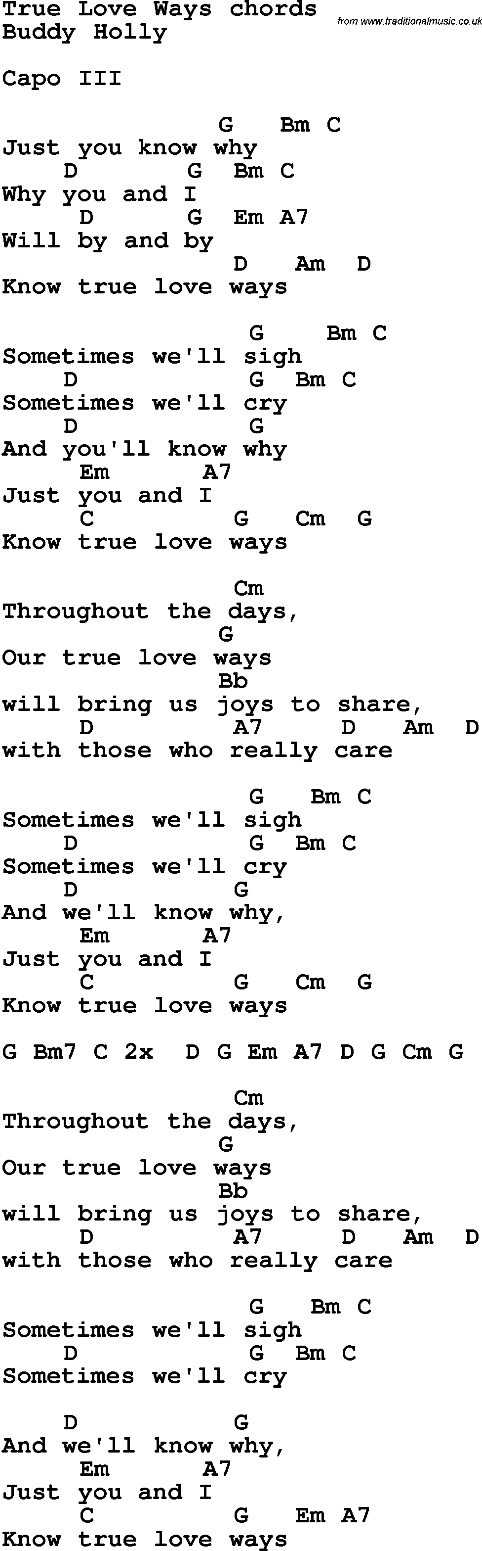 Song Lyrics with guitar chords for True Love Ways