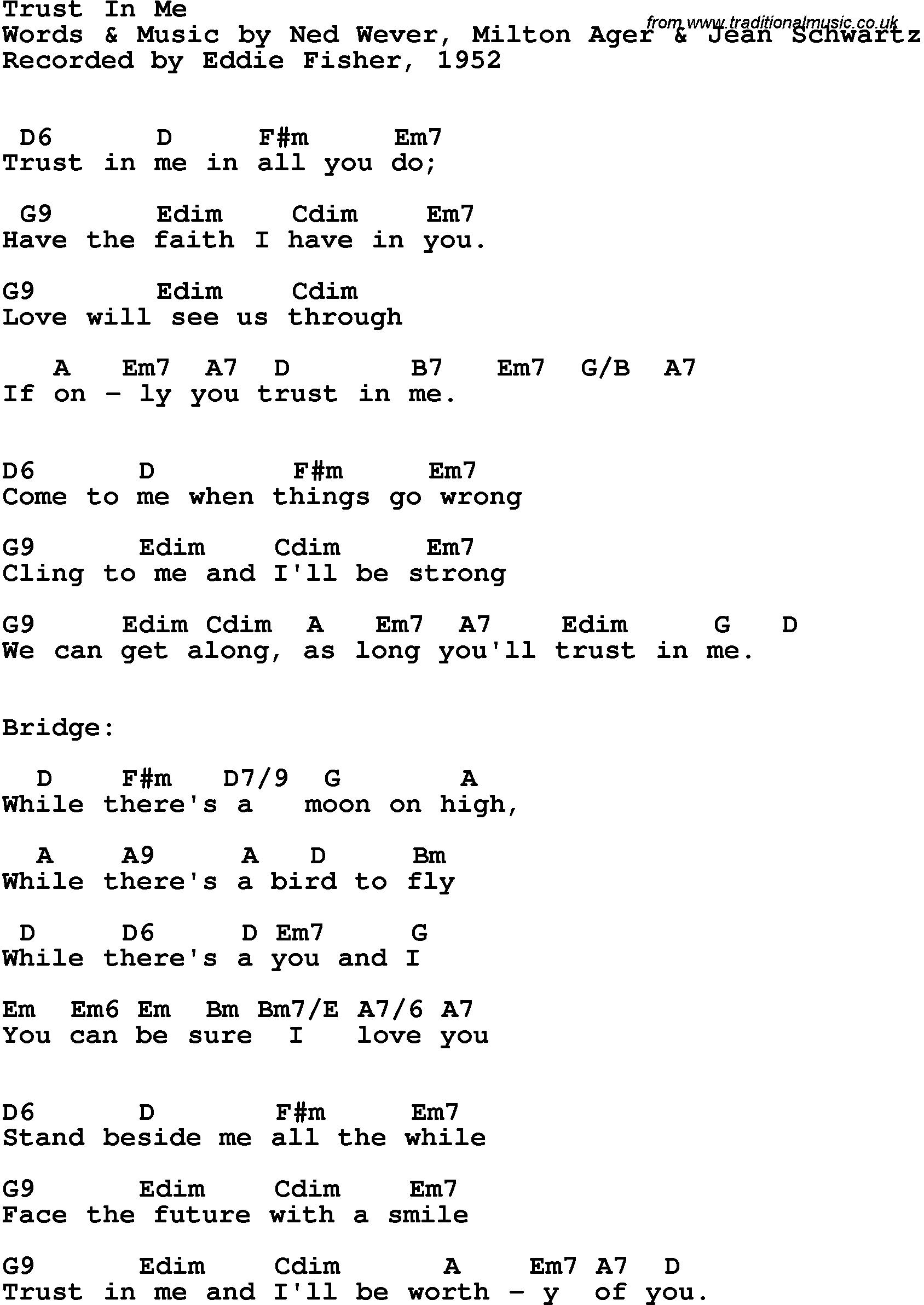 Song Lyrics with guitar chords for Trust In Me - Eddie Fisher, 1952
