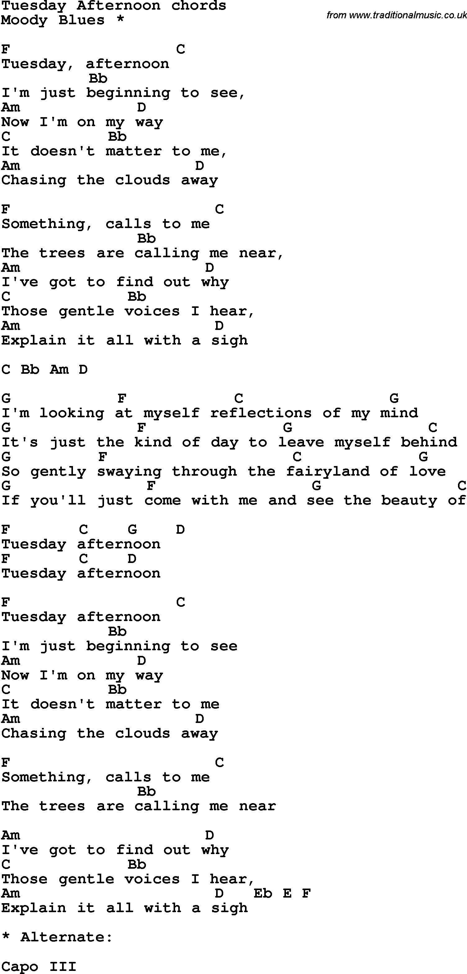 Song Lyrics with guitar chords for Tuesday Afternoon