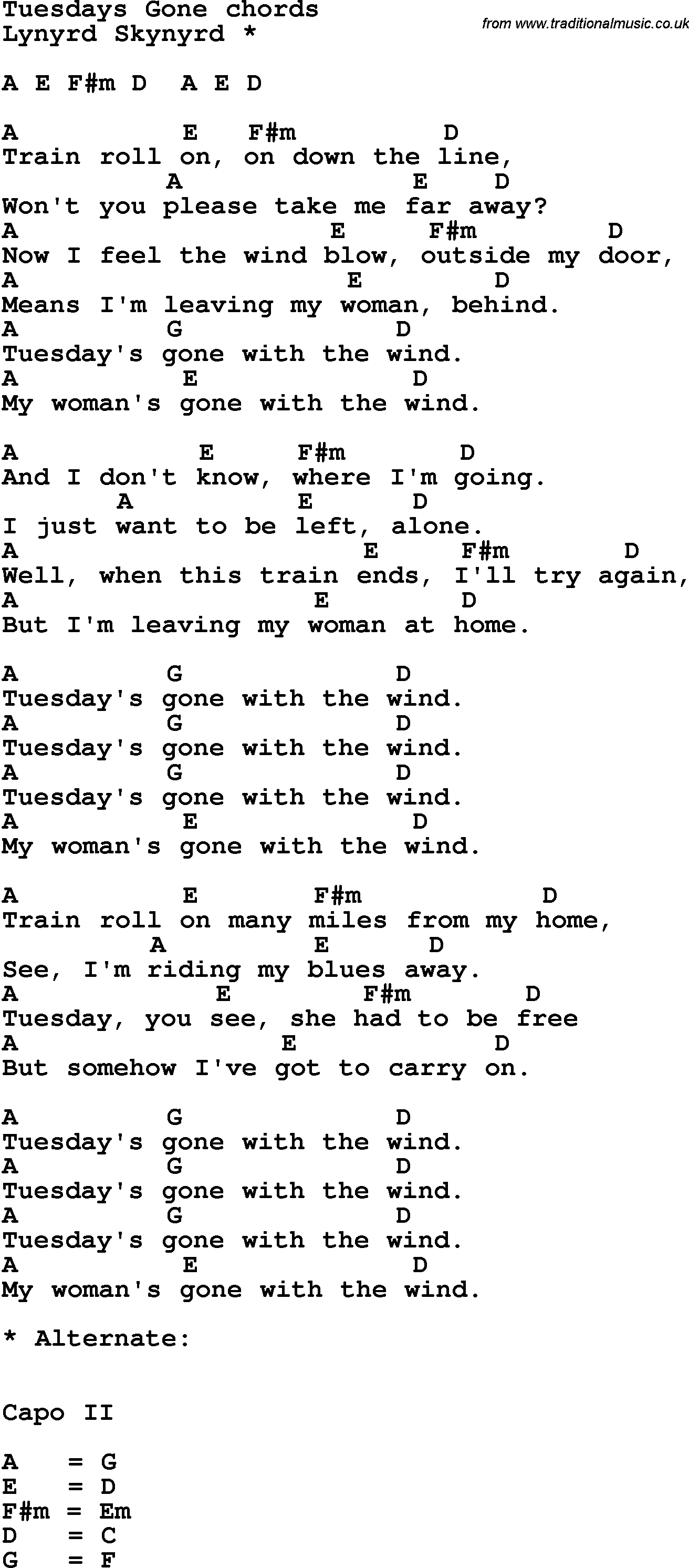 Song Lyrics with guitar chords for Tuesday's Gone