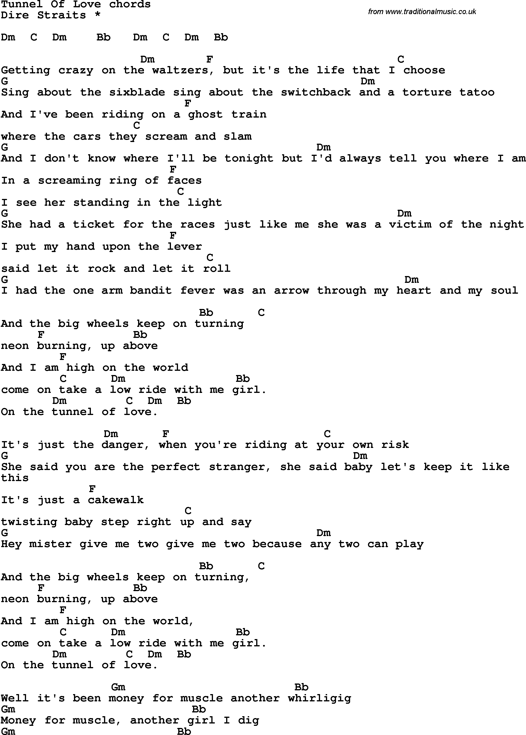 Song Lyrics with guitar chords for Tunnel Of Love