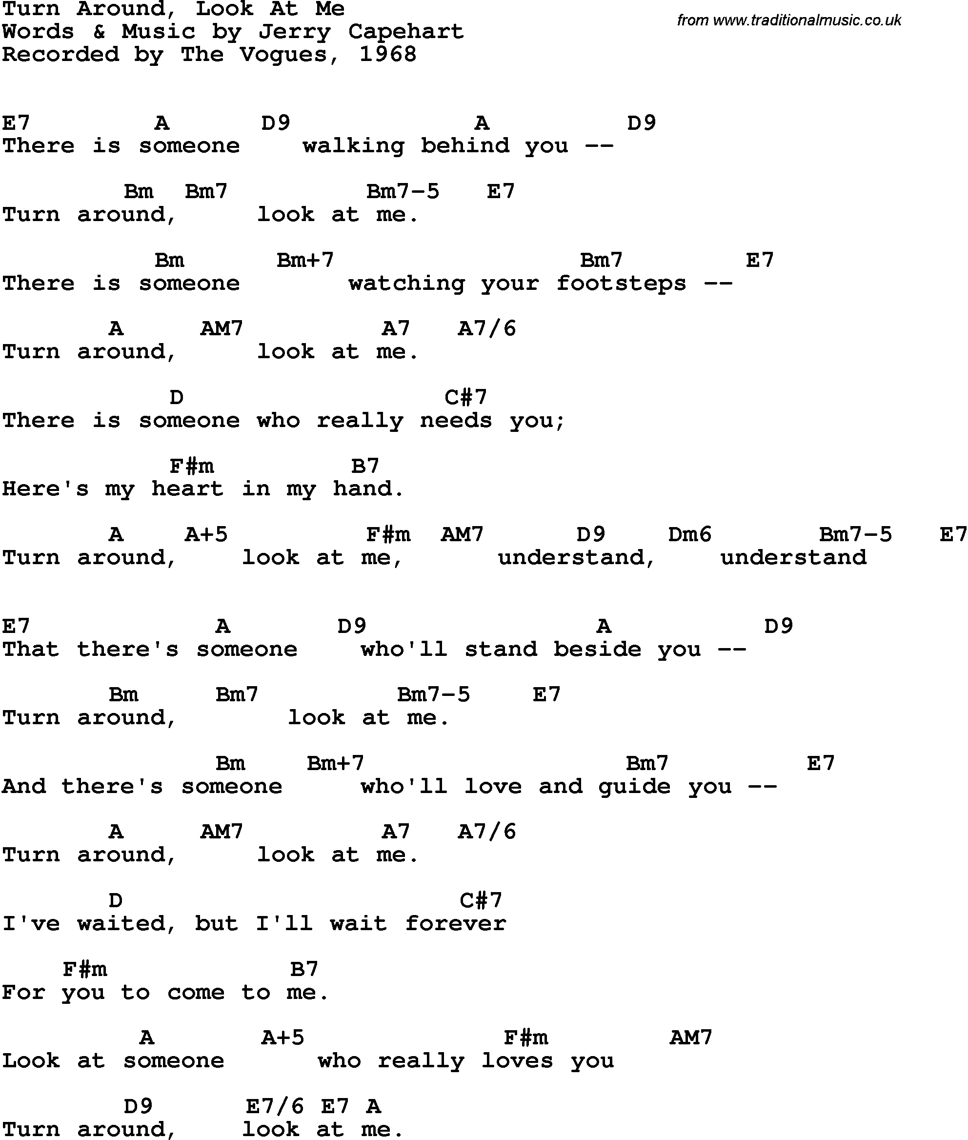 Song Lyrics with guitar chords for Turn Around, Look At Me - The Vogues, 1968