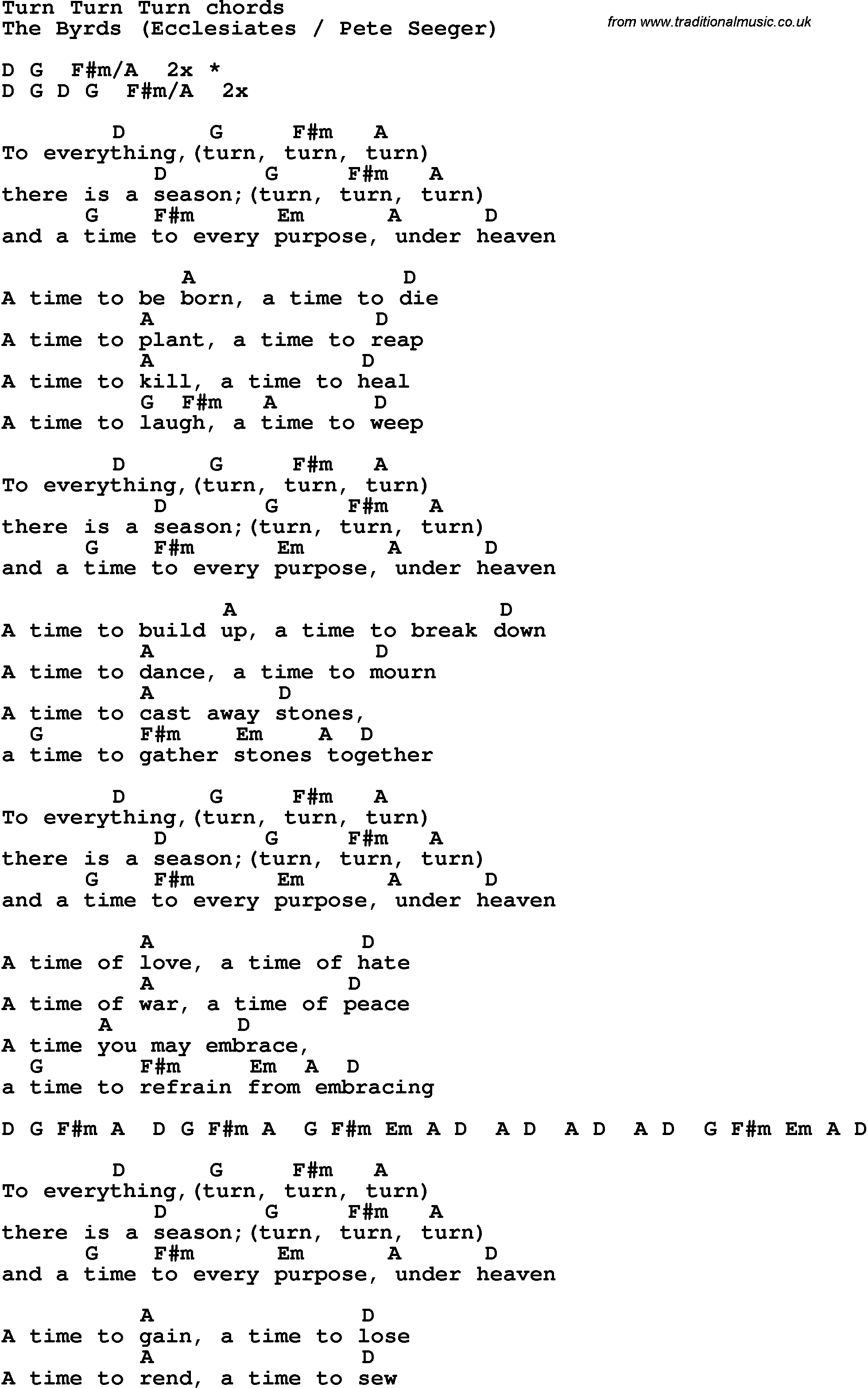 Song Lyrics with guitar chords for Turn Turn Turn