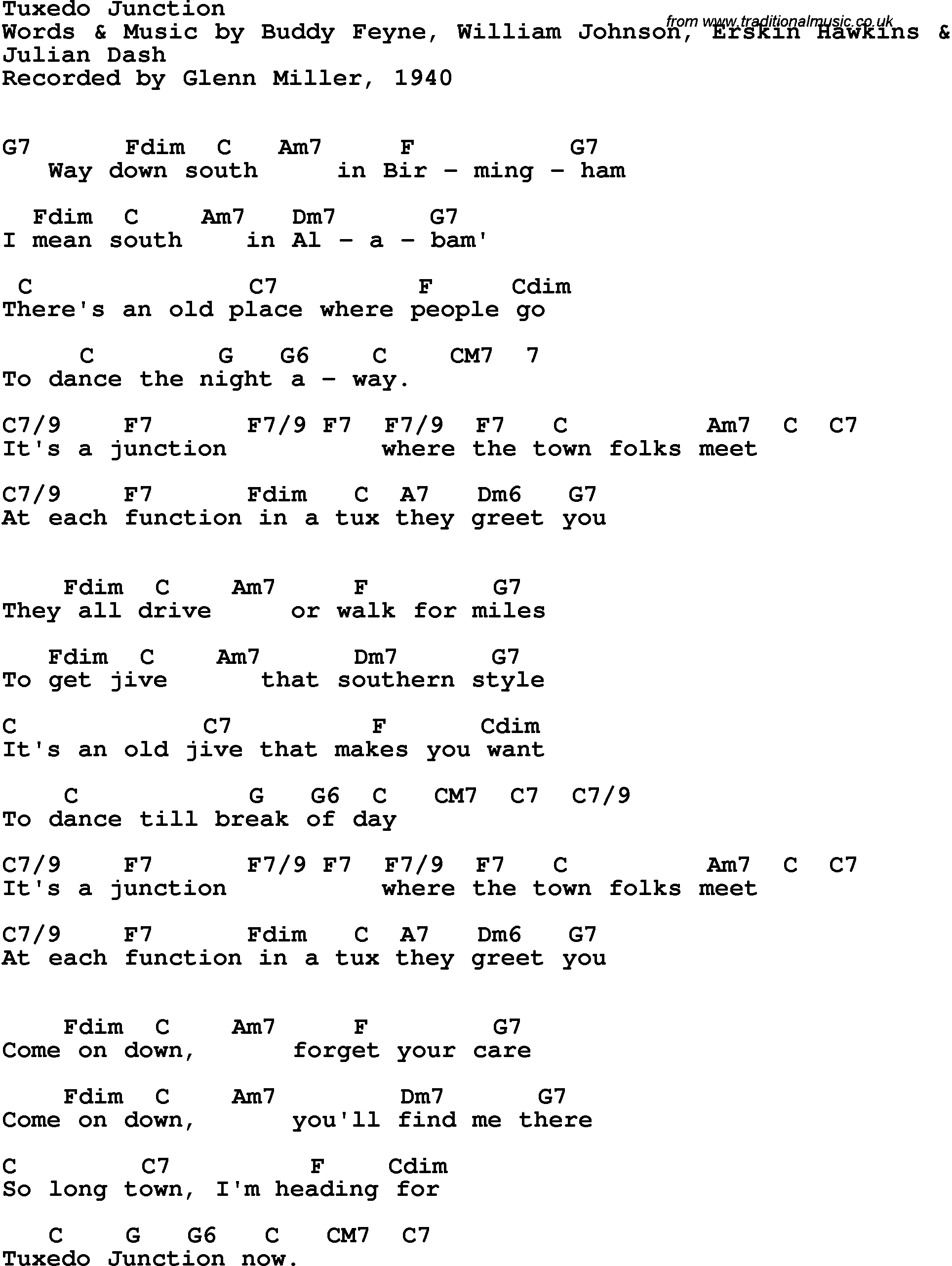 Song Lyrics with guitar chords for Tuxedo Junction - Glenn Miller, 1940
