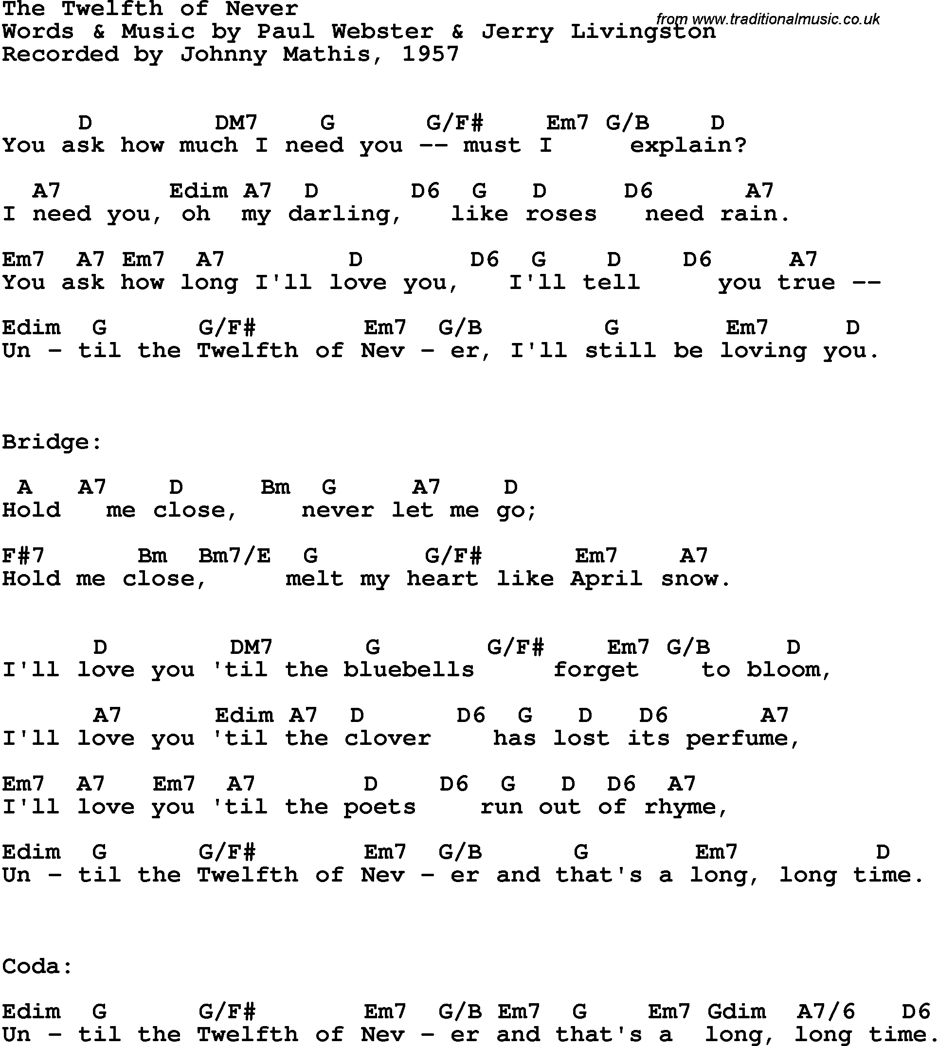 Song Lyrics with guitar chords for Twelfth Of Never, The - Johnny Mathis, 1957