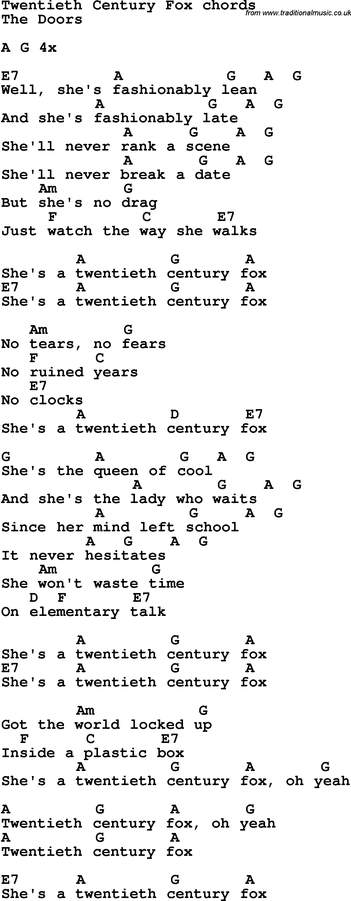 Song Lyrics with guitar chords for Twentieth Century Fox