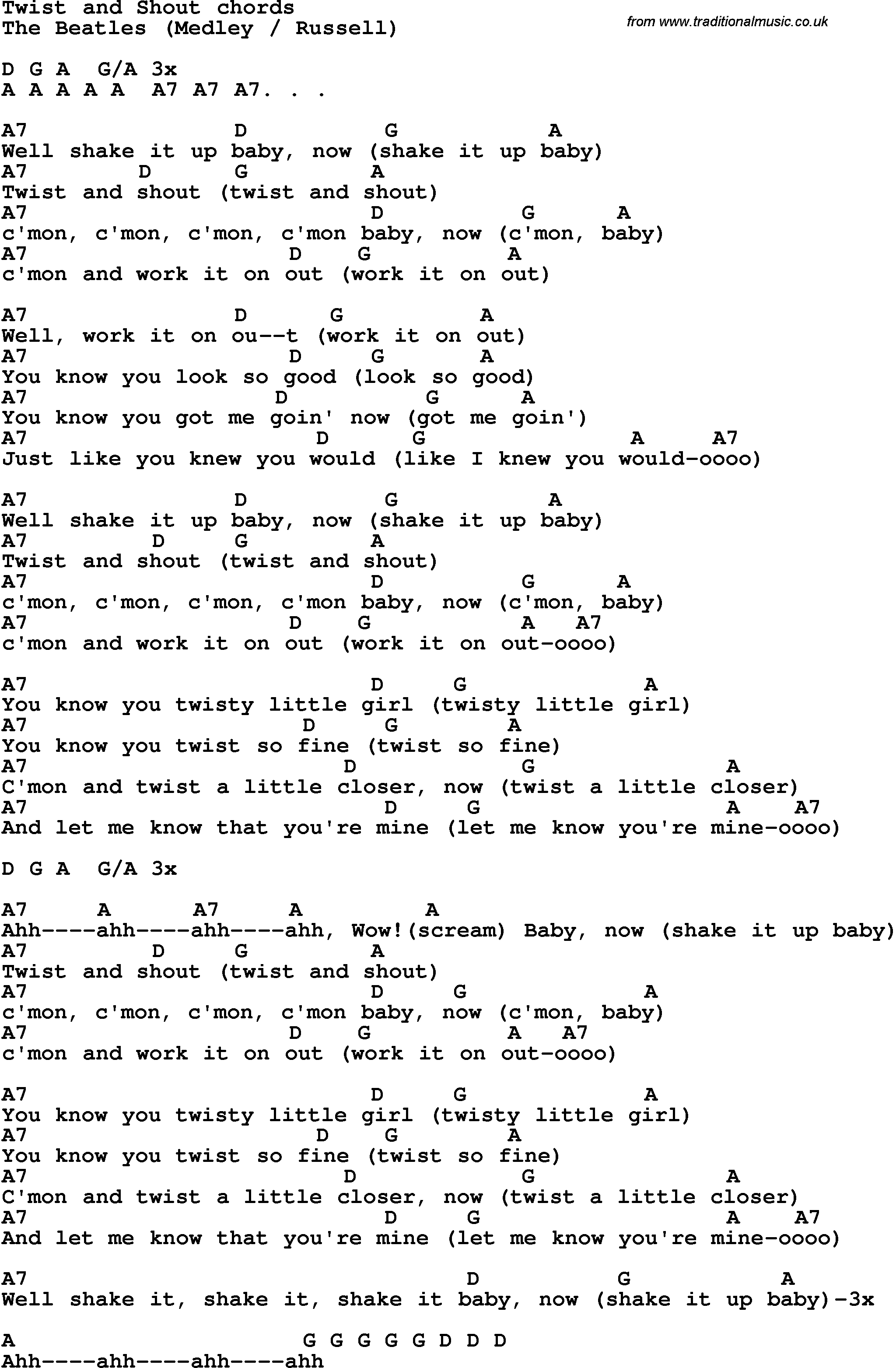 Song Lyrics with guitar chords for Twist And Shout