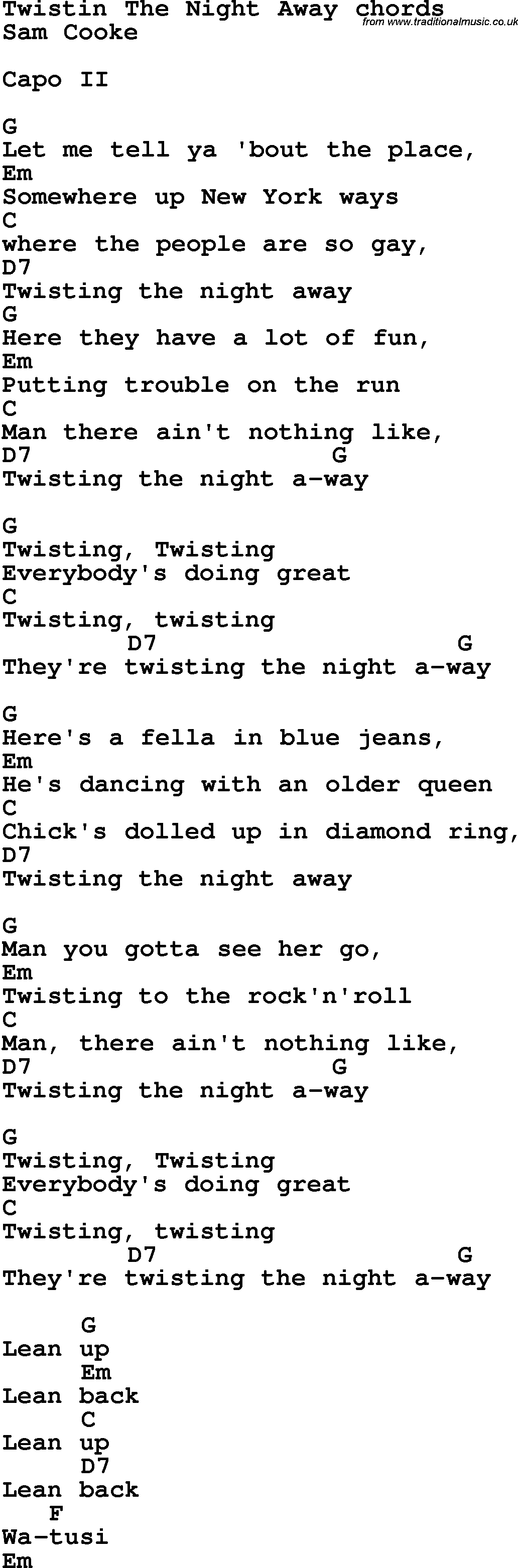Song Lyrics with guitar chords for Twistin The Night Away