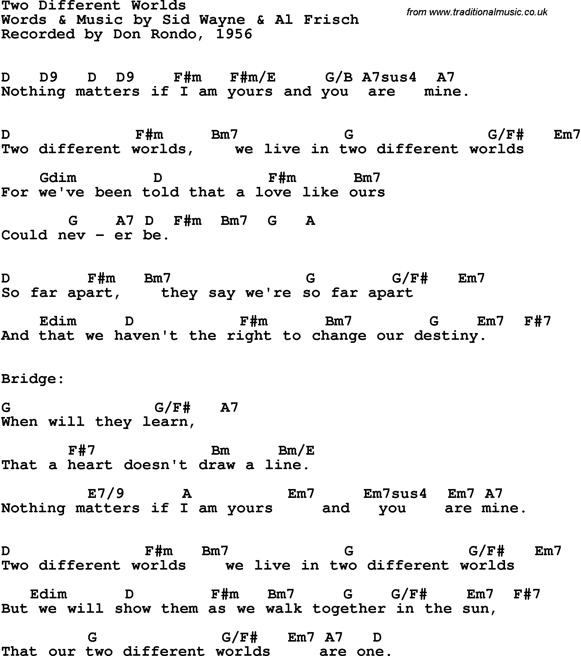 Song Lyrics with guitar chords for Two Different Worlds - Don Rondo, 1956