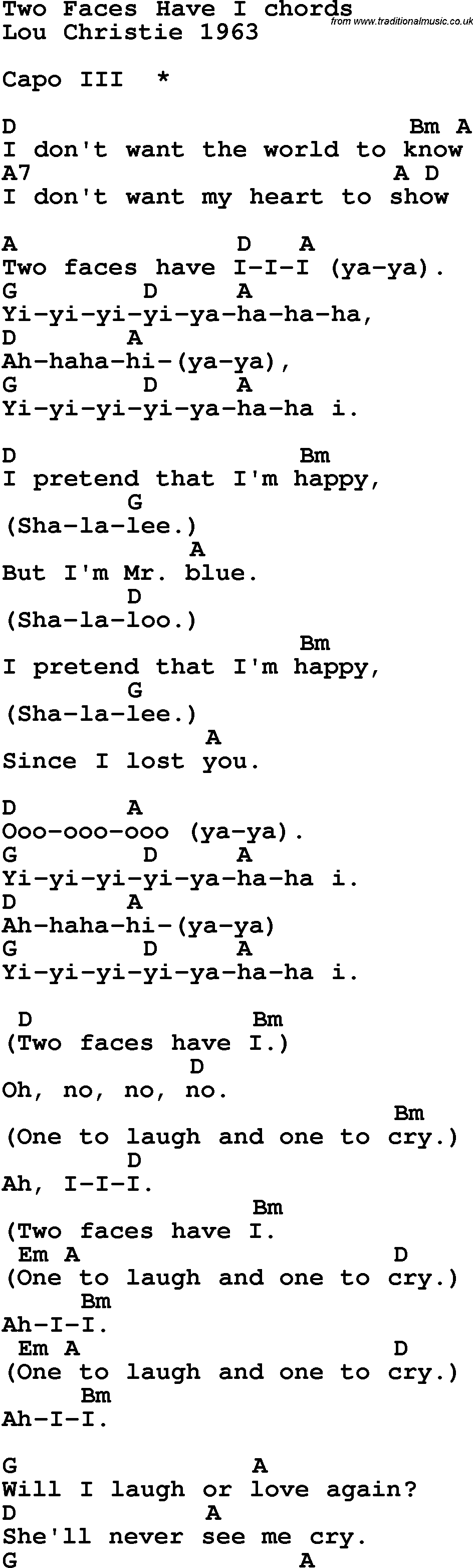Song Lyrics with guitar chords for Two Faces Have