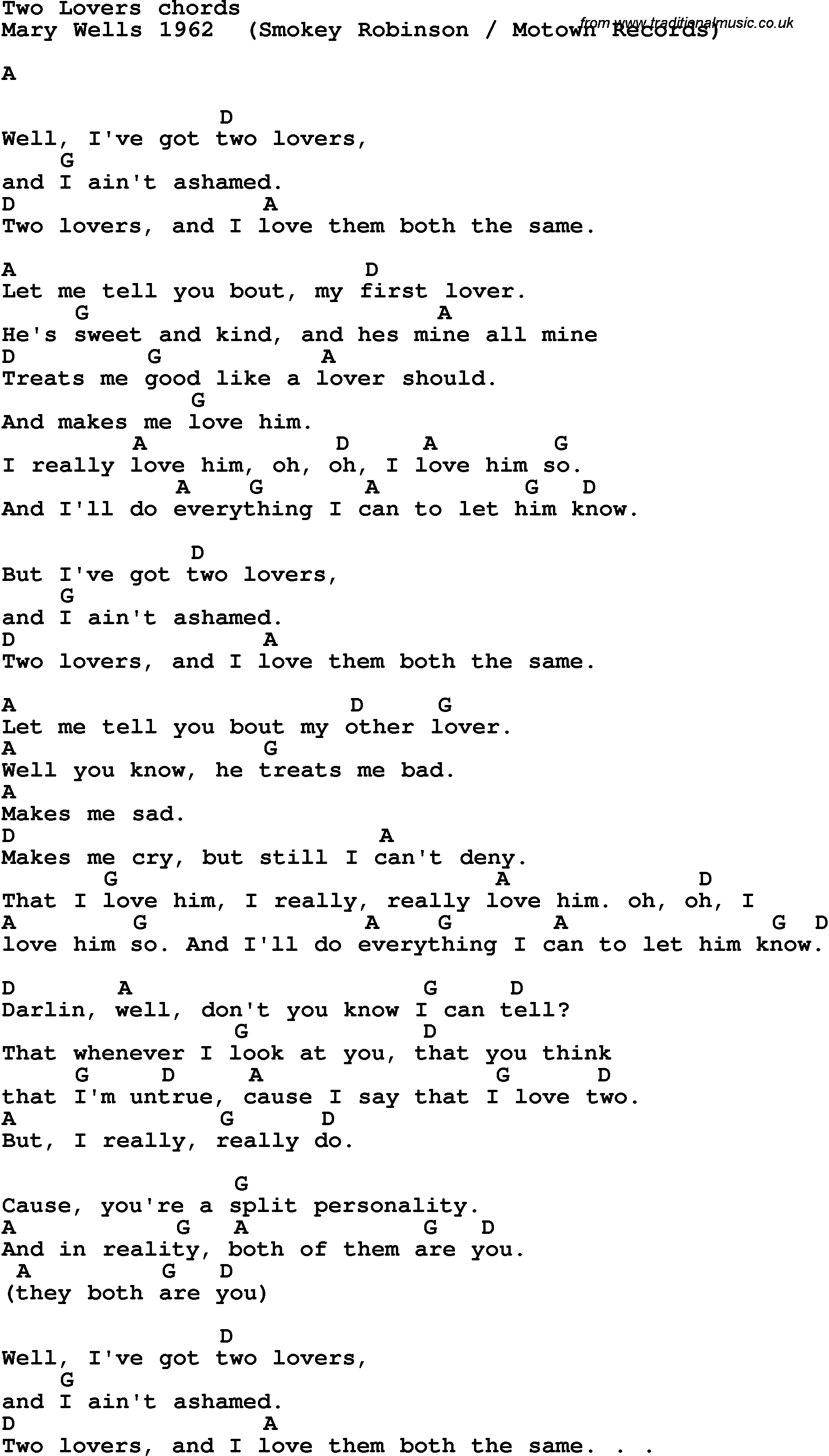 Song Lyrics with guitar chords for Two Lovers
