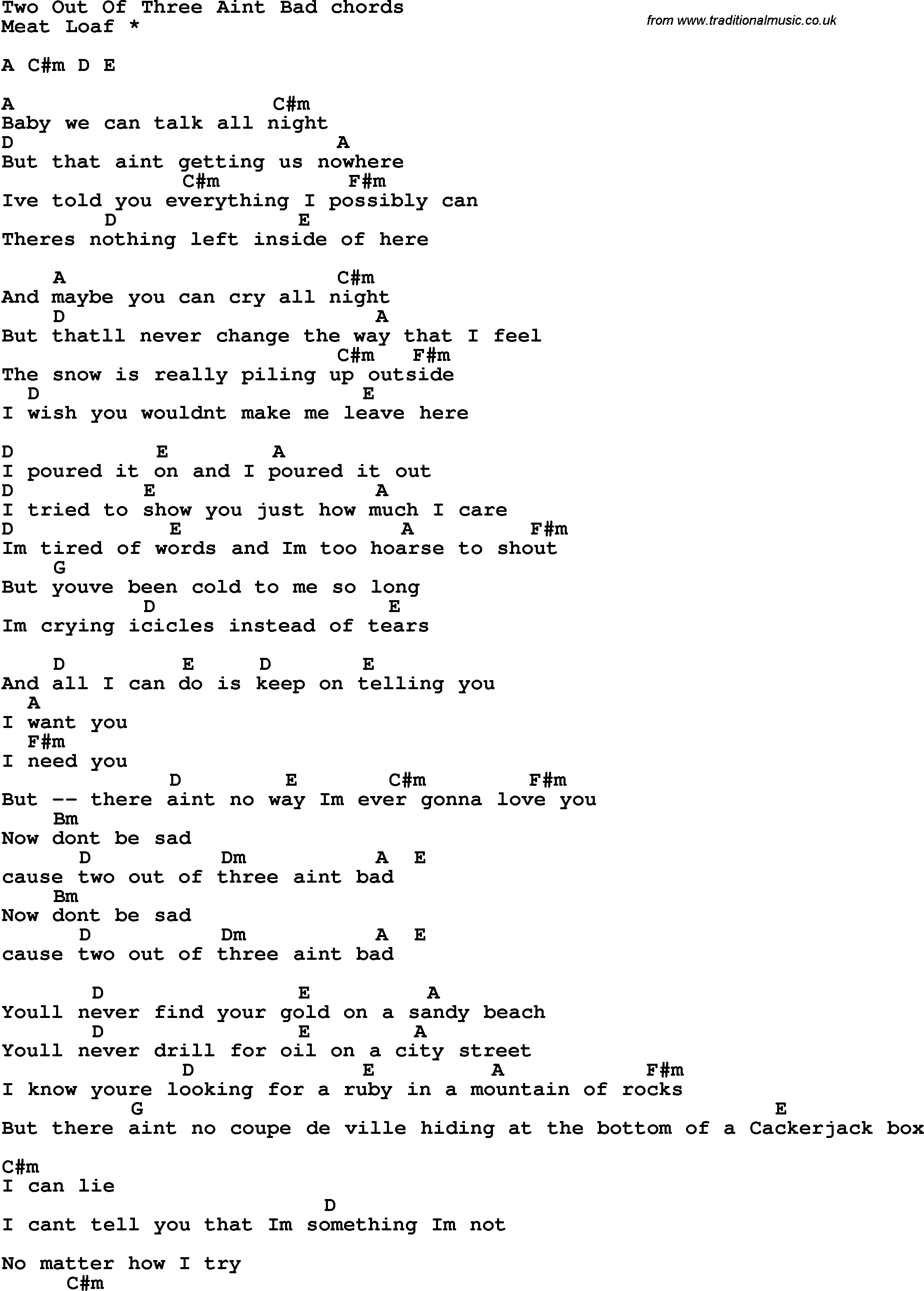 Song Lyrics with guitar chords for Two Out Of Three Ain't Bad