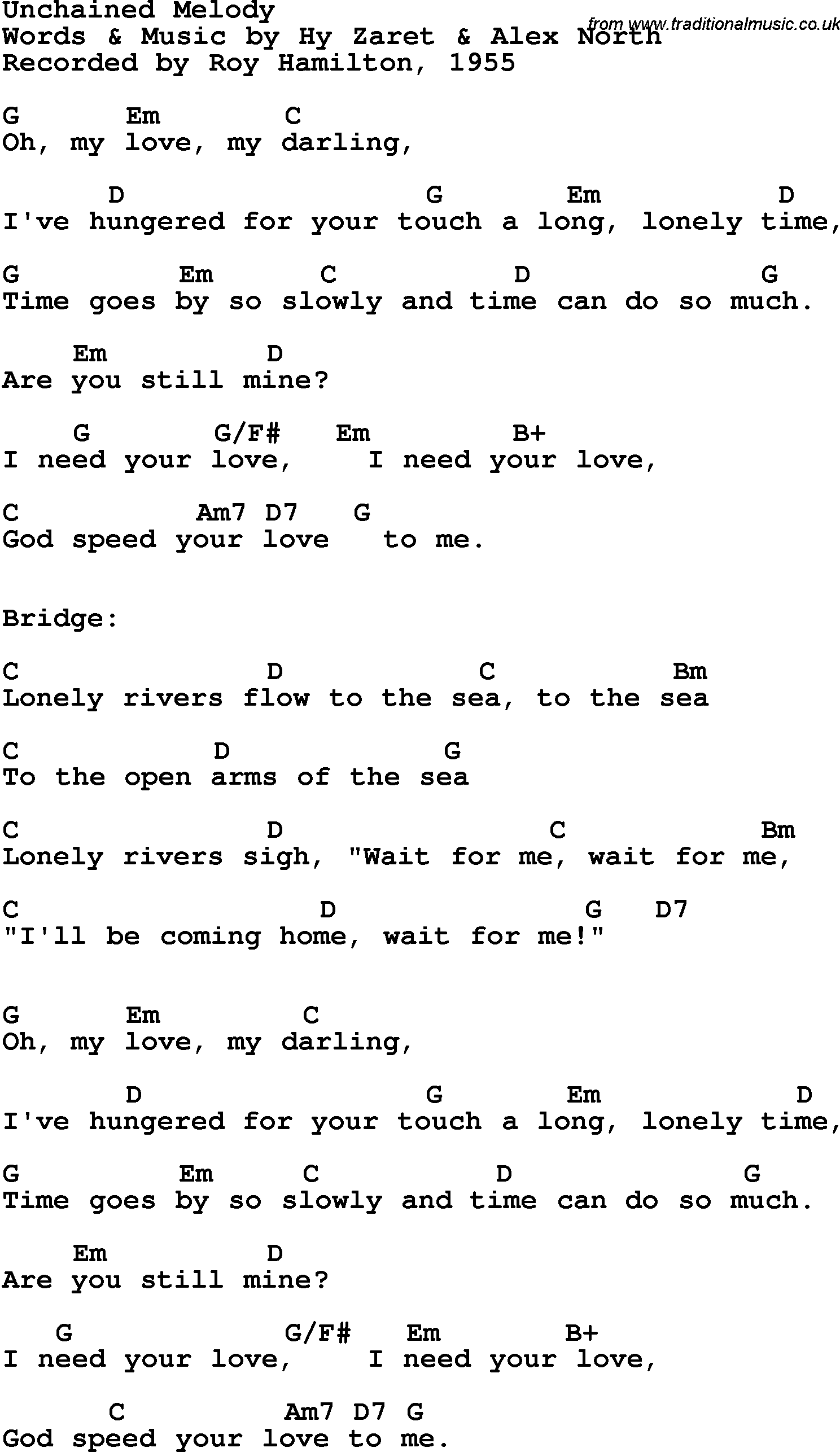 Song Lyrics with guitar chords for Unchained Melody - Roy Hamilton, 1955