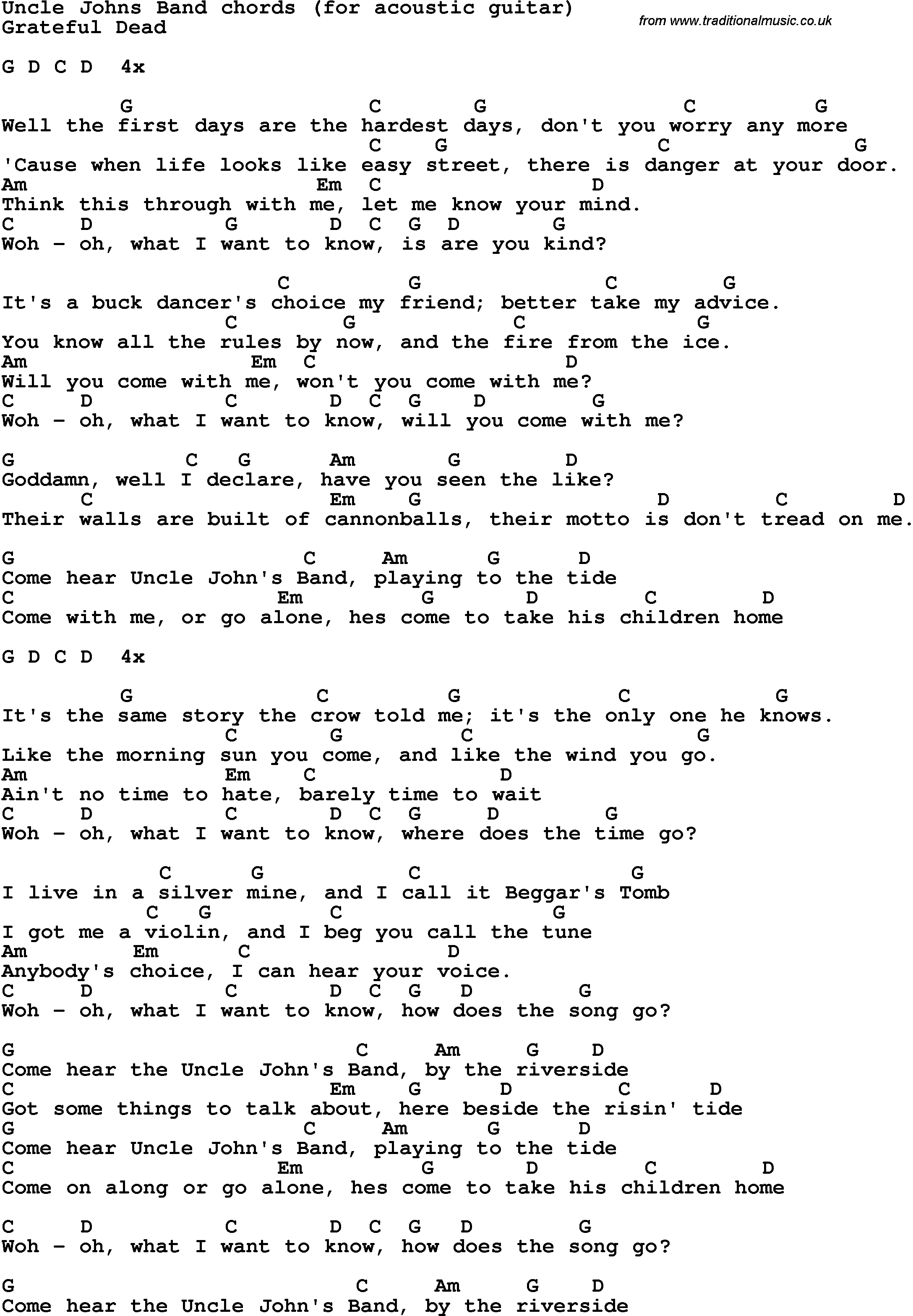 Song Lyrics with guitar chords for Uncle John's Band