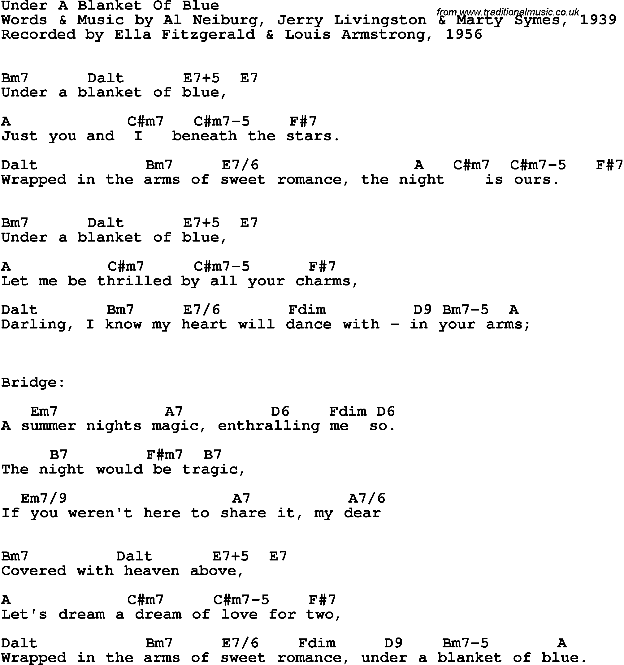Song Lyrics with guitar chords for Under A Blanket Of Blue - Ella Fitzgerald & Louis Armstrong, 1956