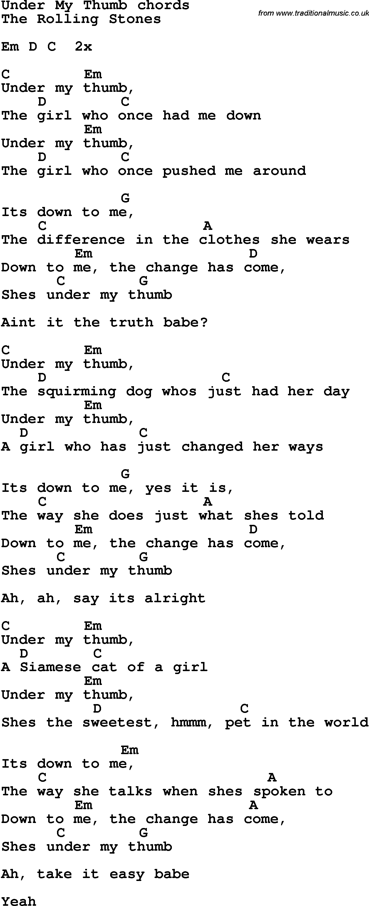 Song Lyrics with guitar chords for Under My Thumb