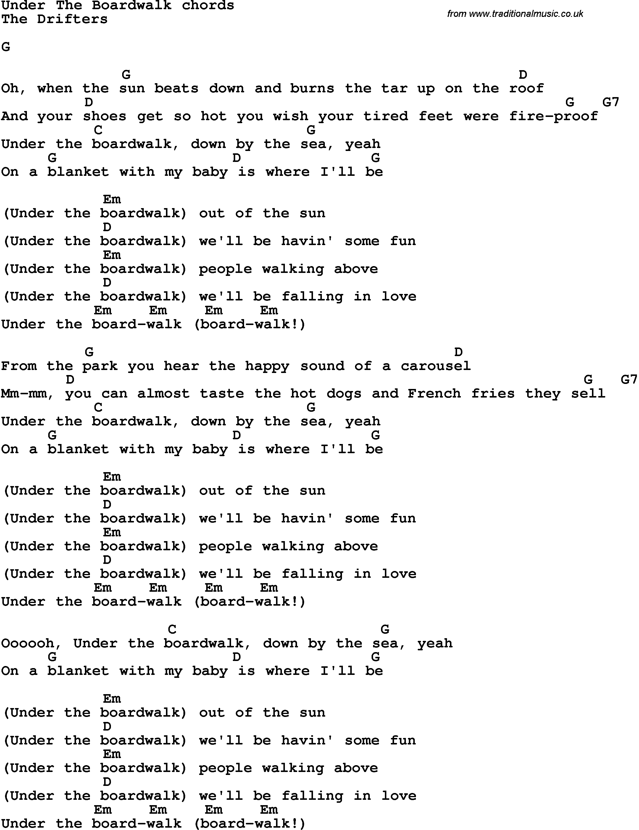 Song Lyrics With Guitar Chords For Under The Boardwalk The Drifters