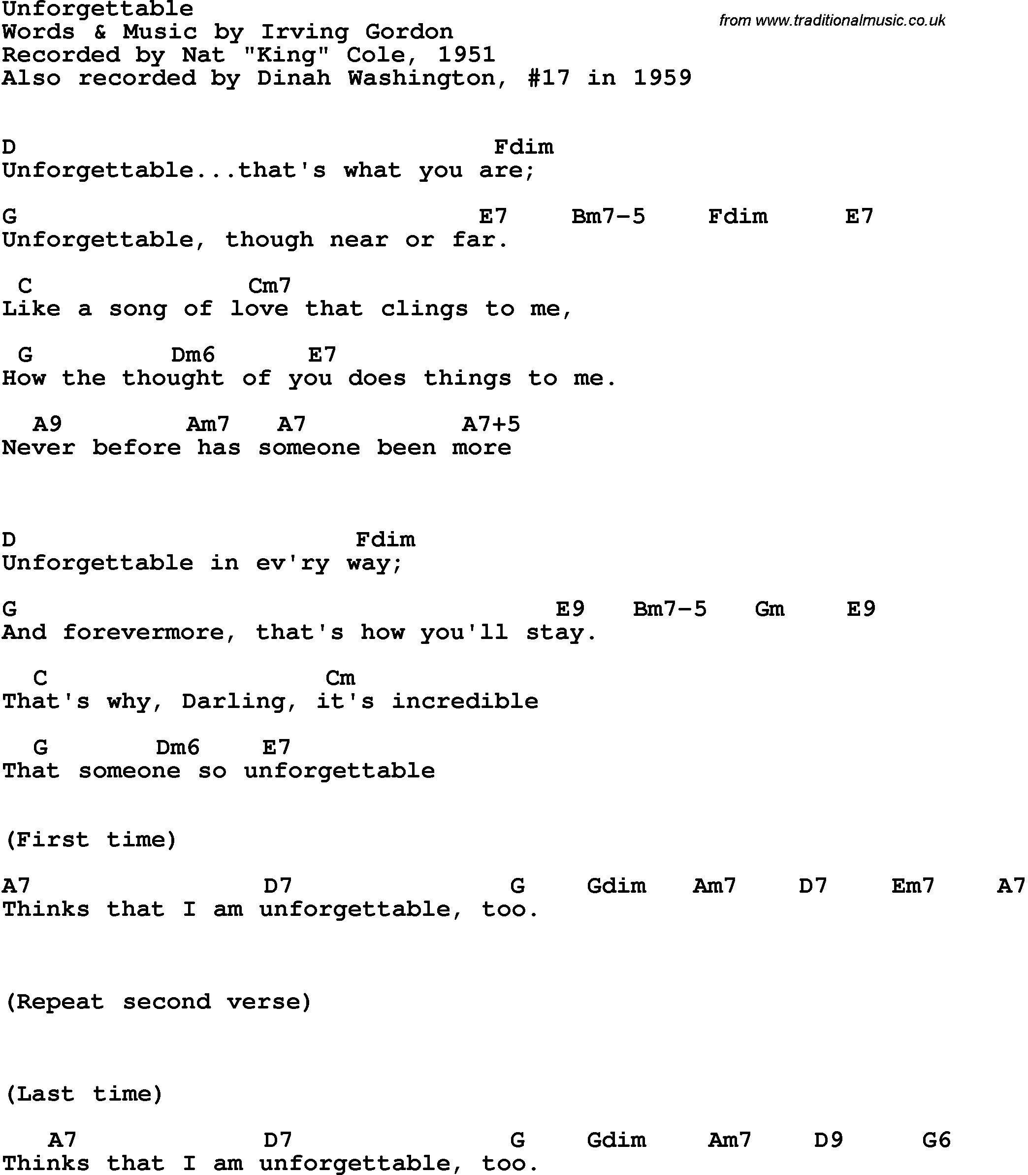 Song Lyrics with guitar chords for Unforgettable - Dinah Washington, 1959