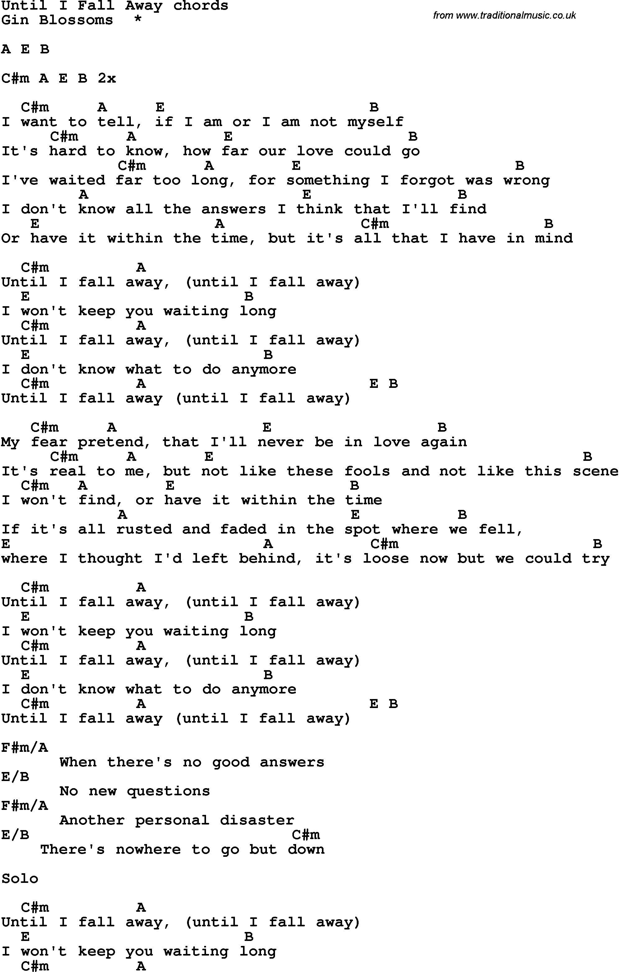 Song Lyrics with guitar chords for Until I Fall Away