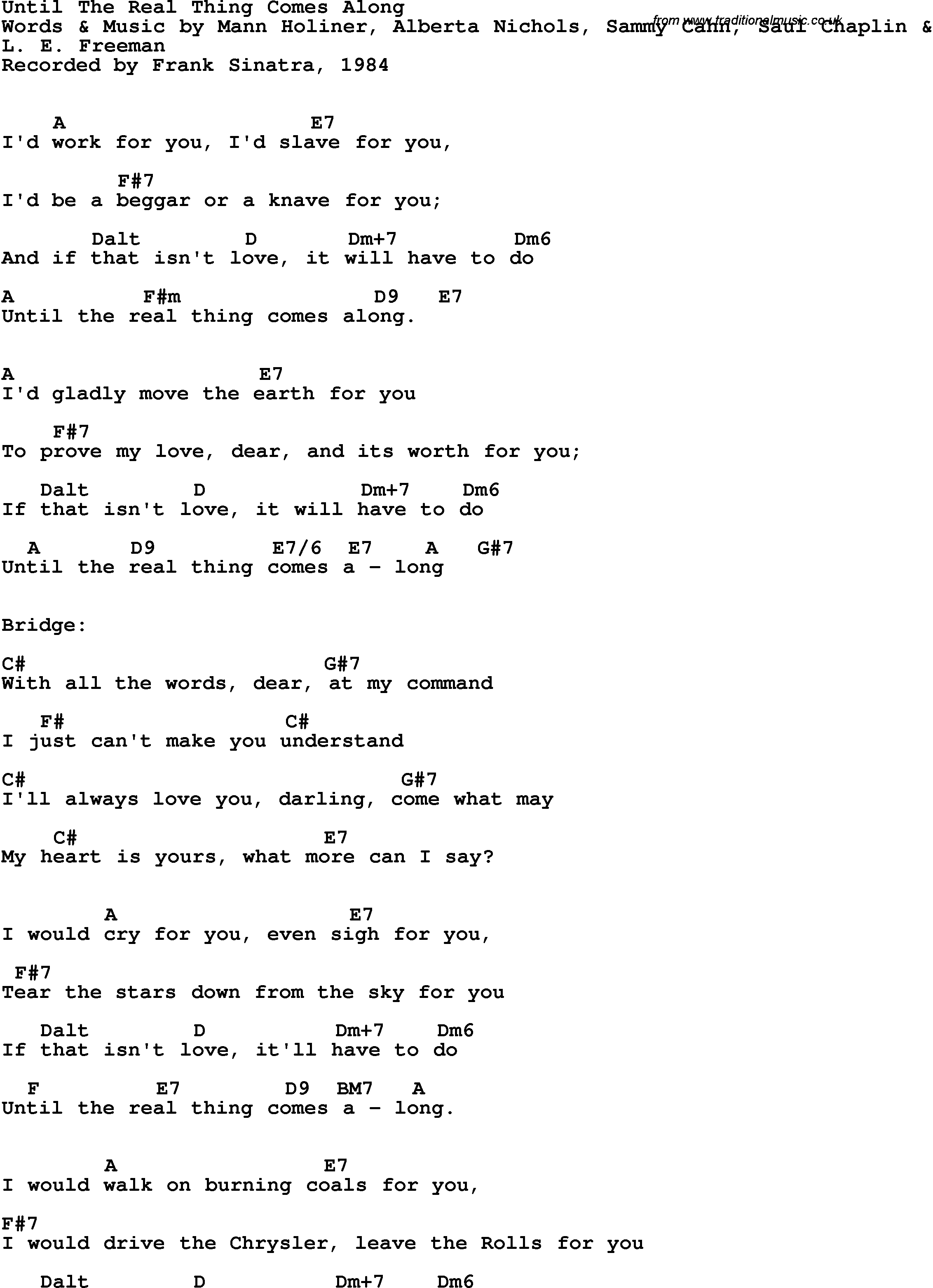Song Lyrics with guitar chords for Until The Real Thing Comes Along - Frank Sinatra, 1984