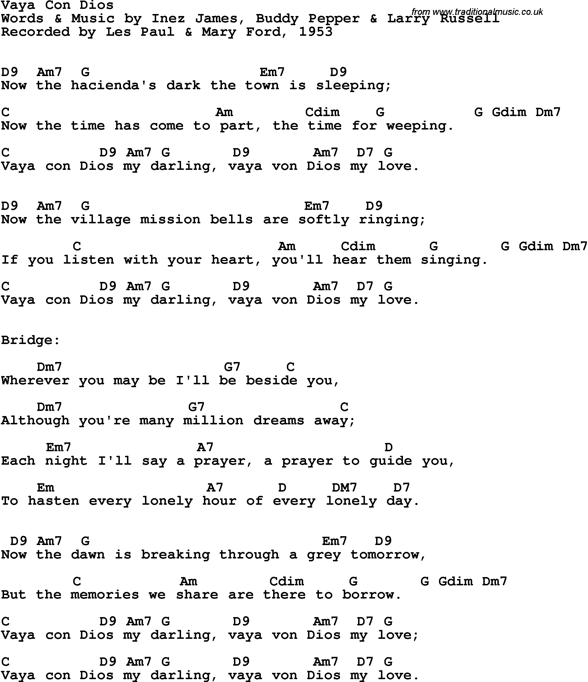 Song Lyrics with guitar chords for Vaya Con Dios - Les Paul & Mary Ford, 1953
