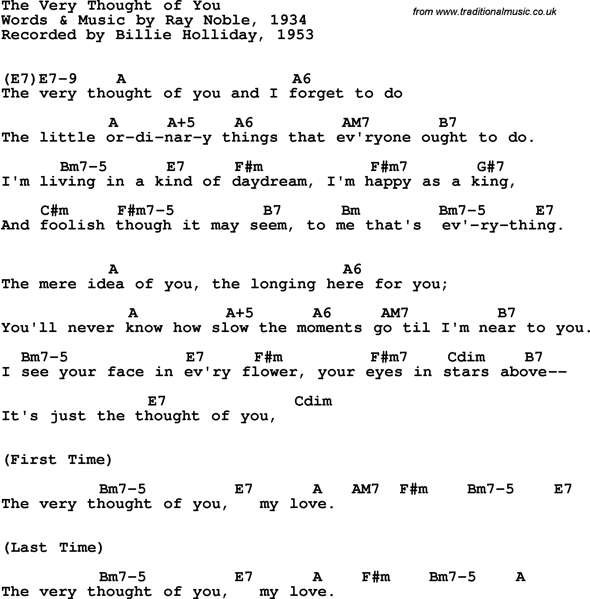 Song Lyrics with guitar chords for Very Thought Of You, The - Billie Holliday, 1953