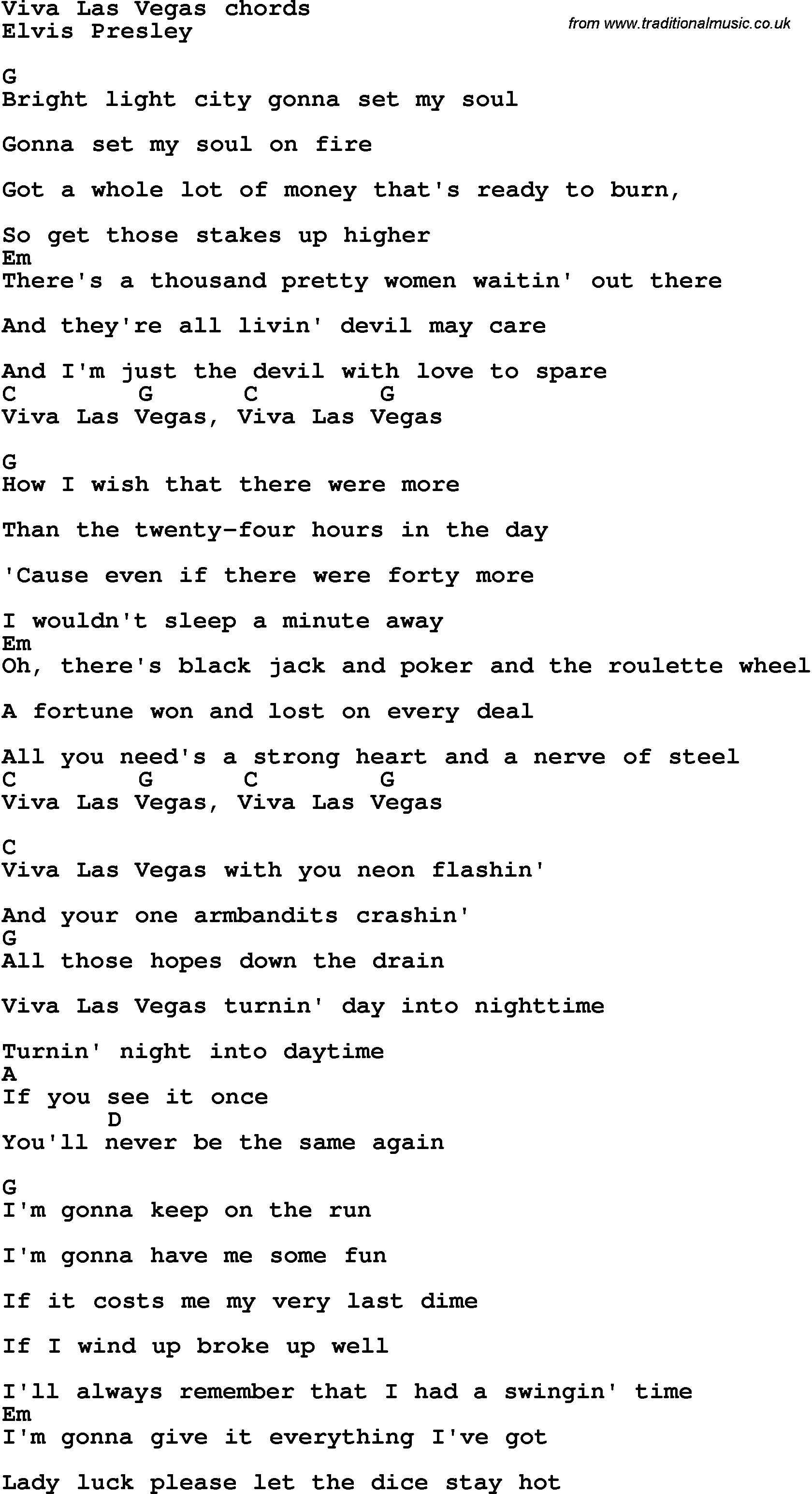 Song Lyrics with guitar chords for Viva Las Vegas
