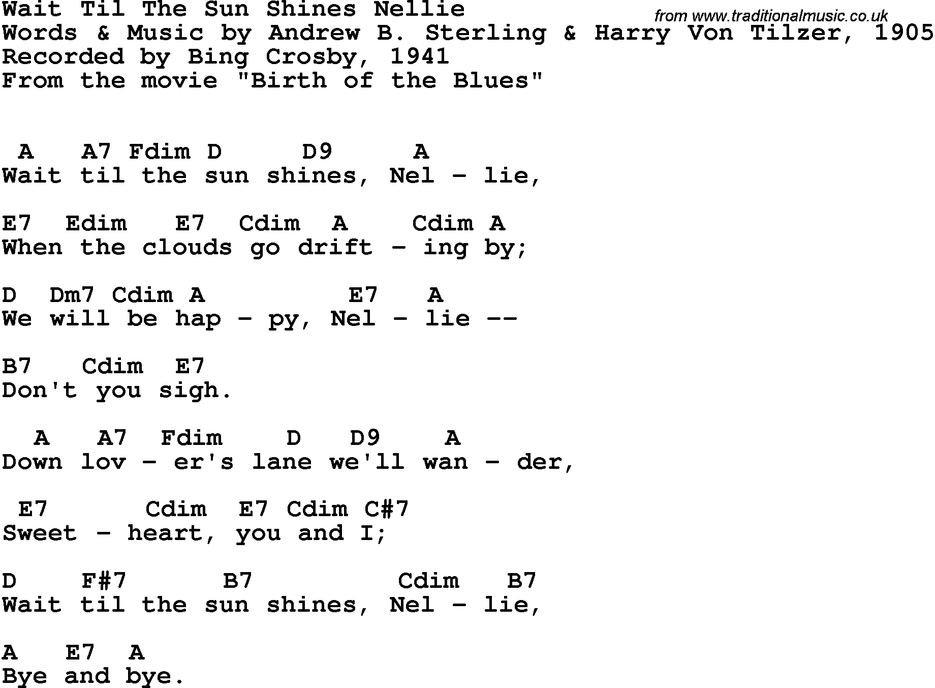 Song Lyrics with guitar chords for Wait Till The Sun Shines, Nellie - Bing Crosby, 1941