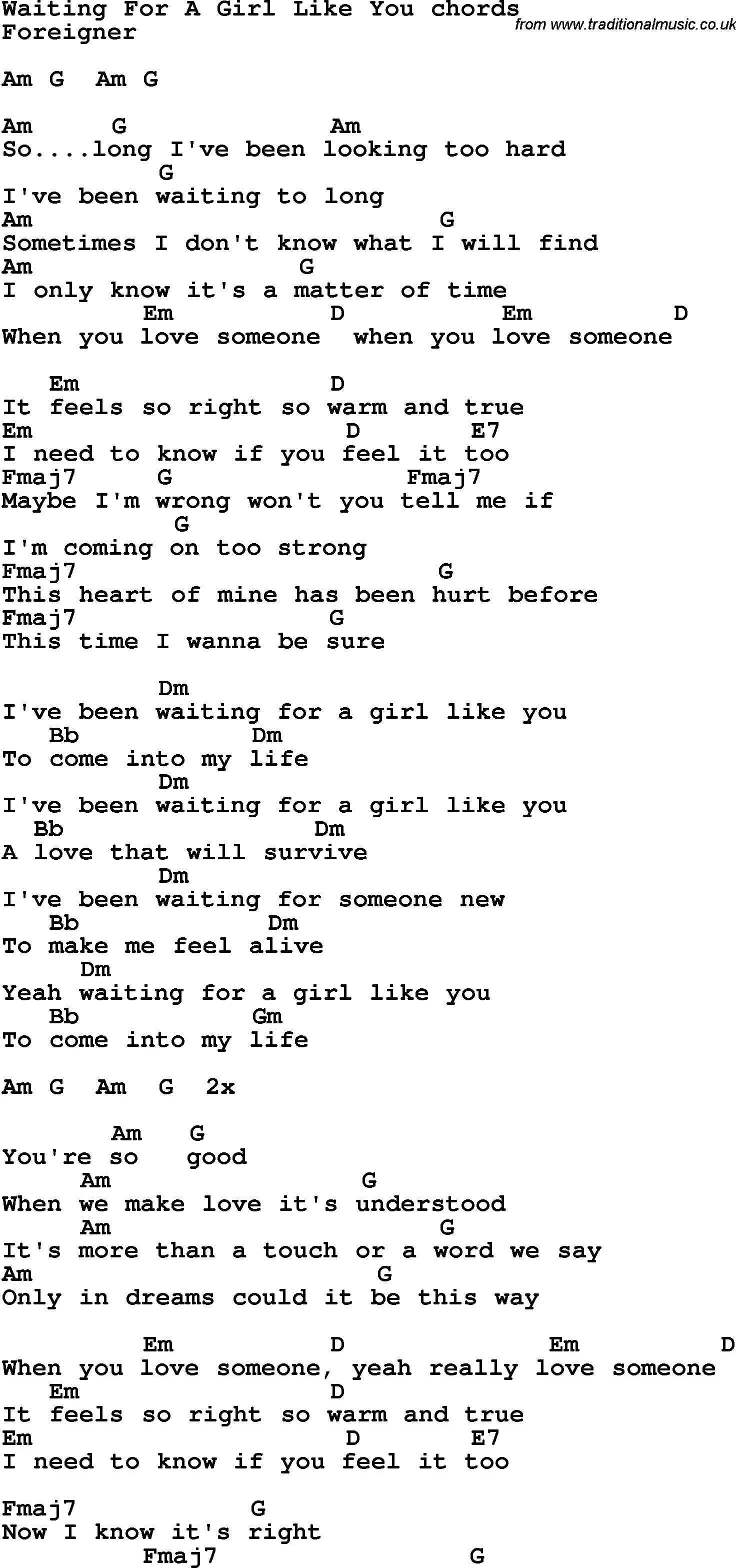 Song Lyrics With Guitar Chords For Waiting For A Girl Like You