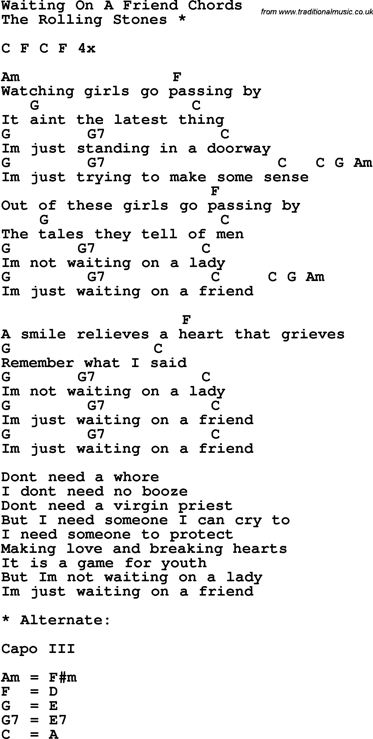 Song Lyrics with guitar chords for Waiting On A Friend