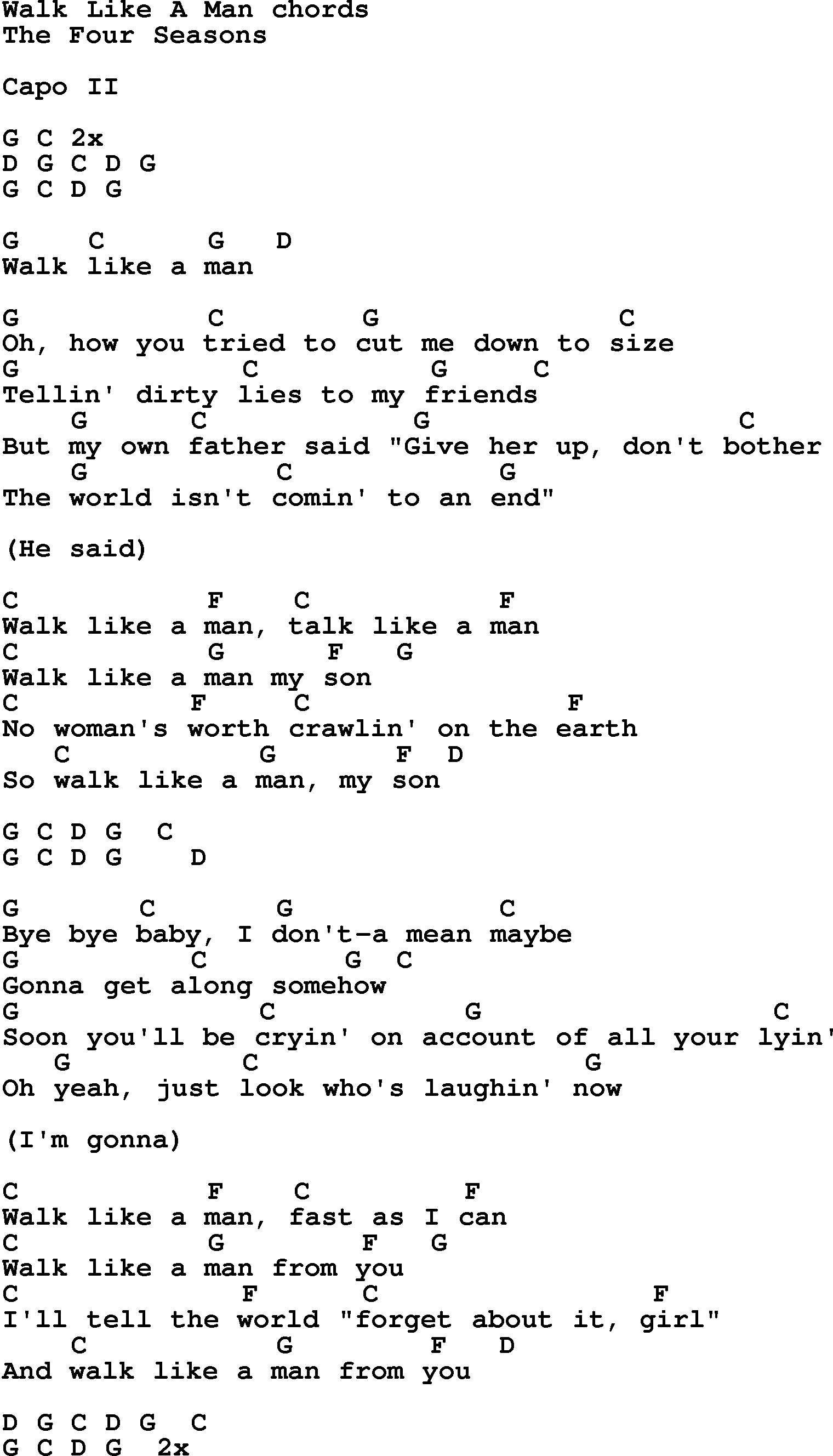 Song Lyrics with guitar chords for Walk Like A Man