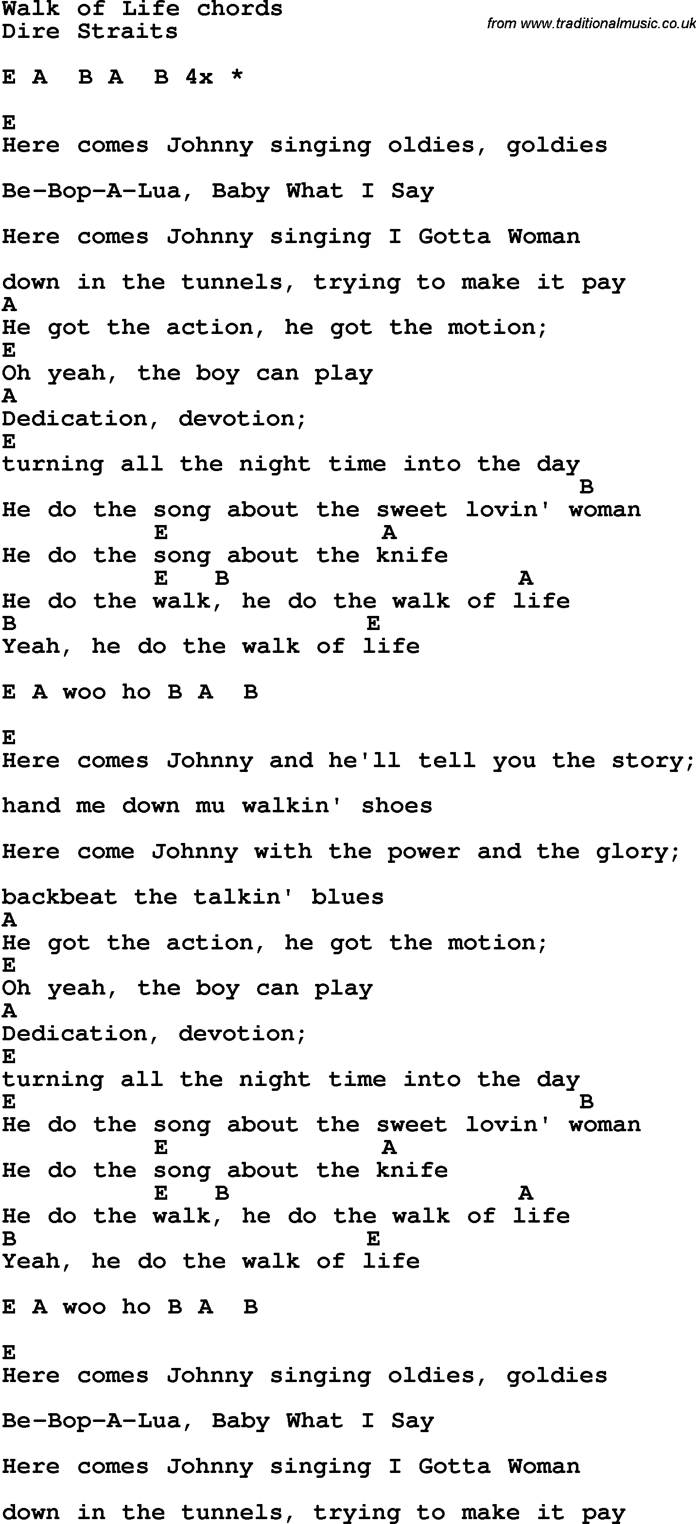 Song Lyrics with guitar chords for Walk Of Life