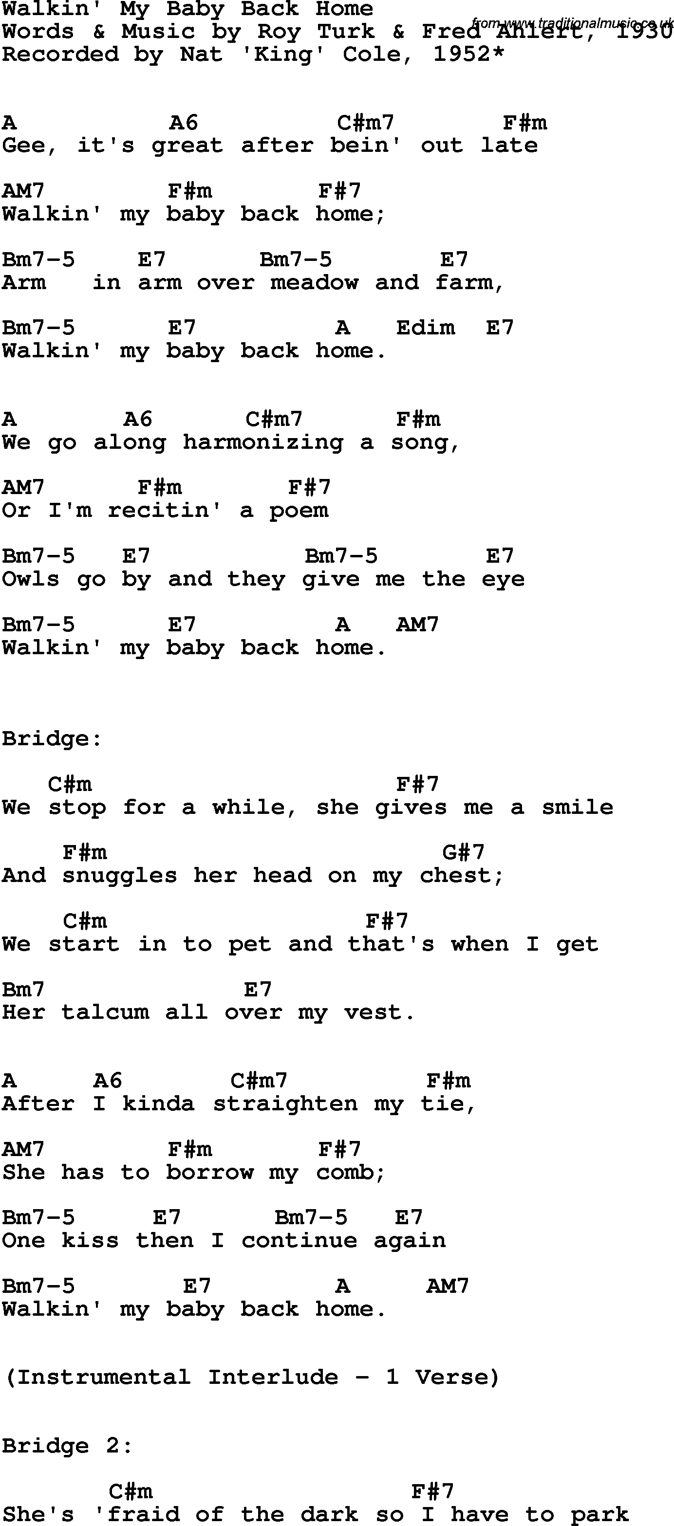 Song Lyrics with guitar chords for Walkin' My Baby Back Home - Nat 'king' Cole, 1952