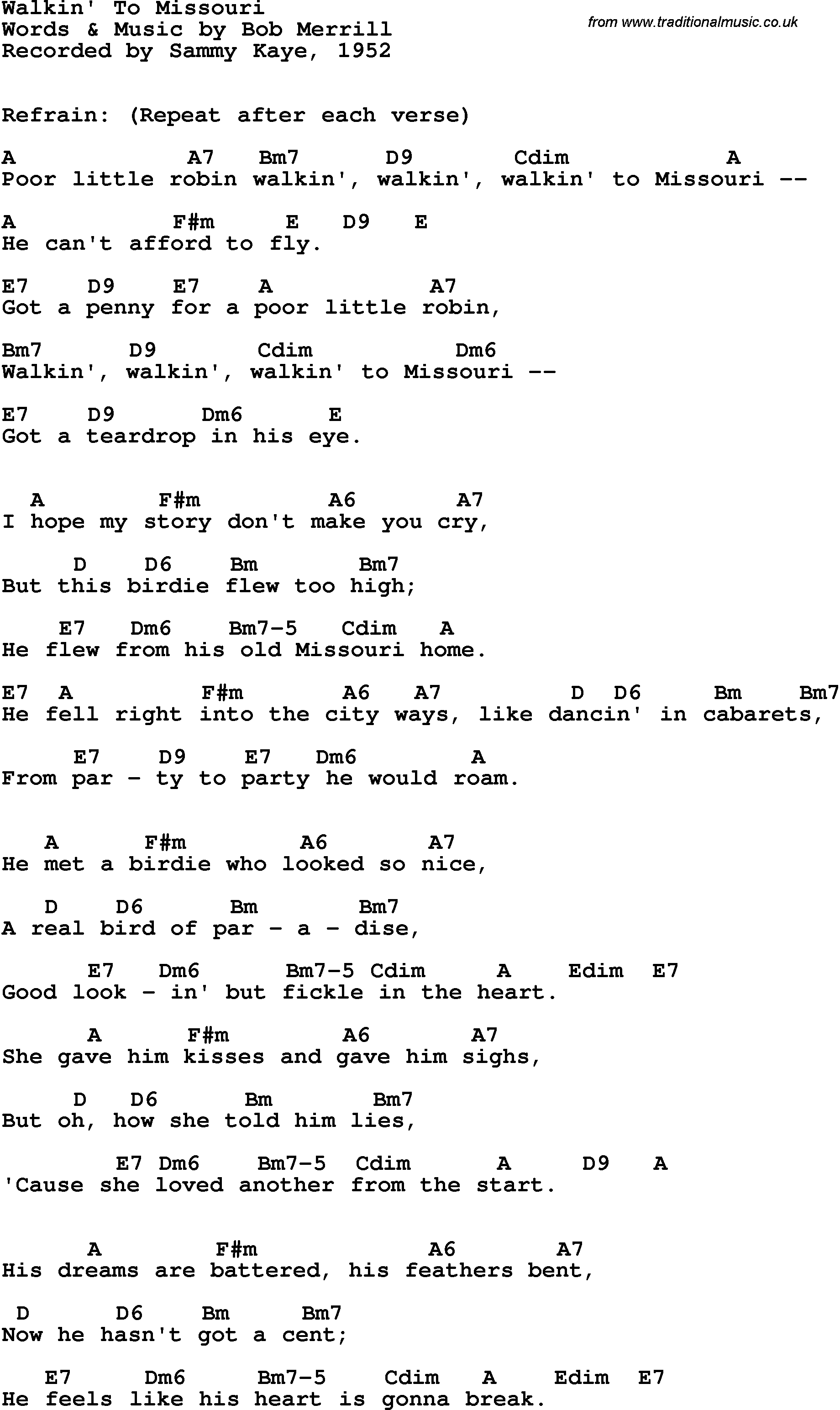 Song Lyrics with guitar chords for Walkin' To Missouri - Sammy Kaye, 1952