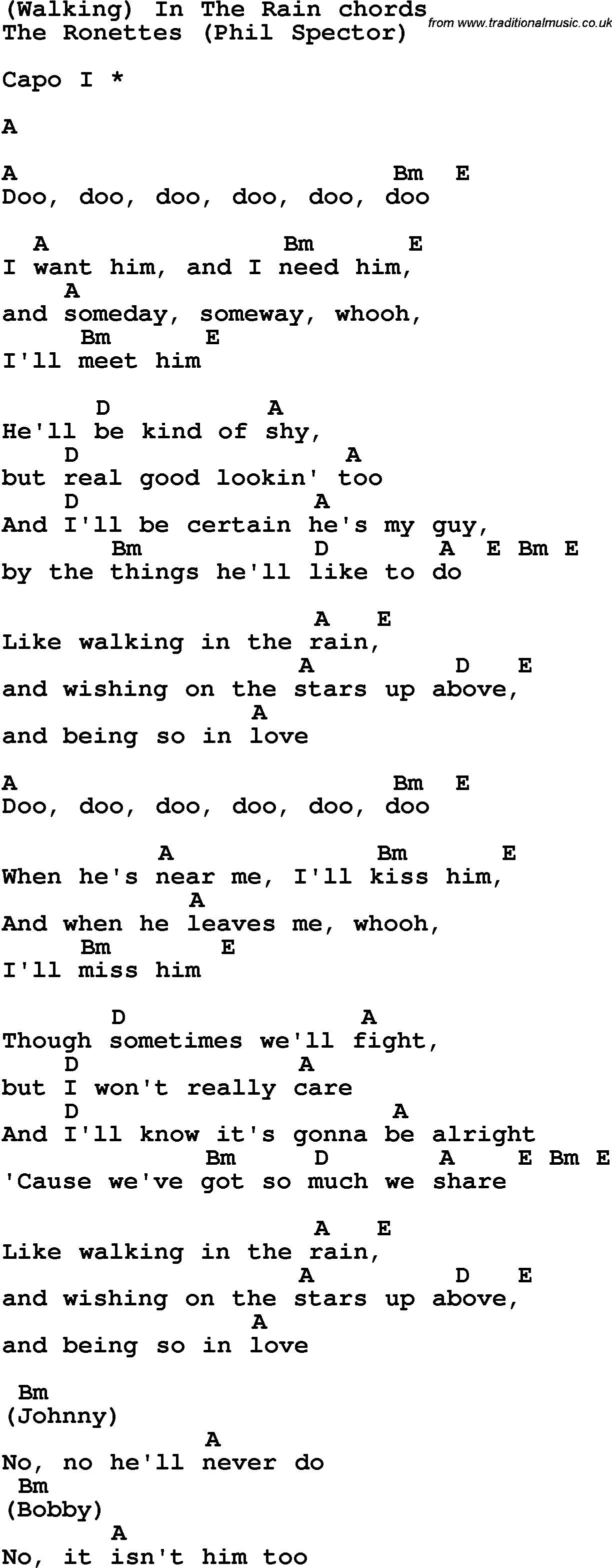 Song Lyrics with guitar chords for Walking In The Rain