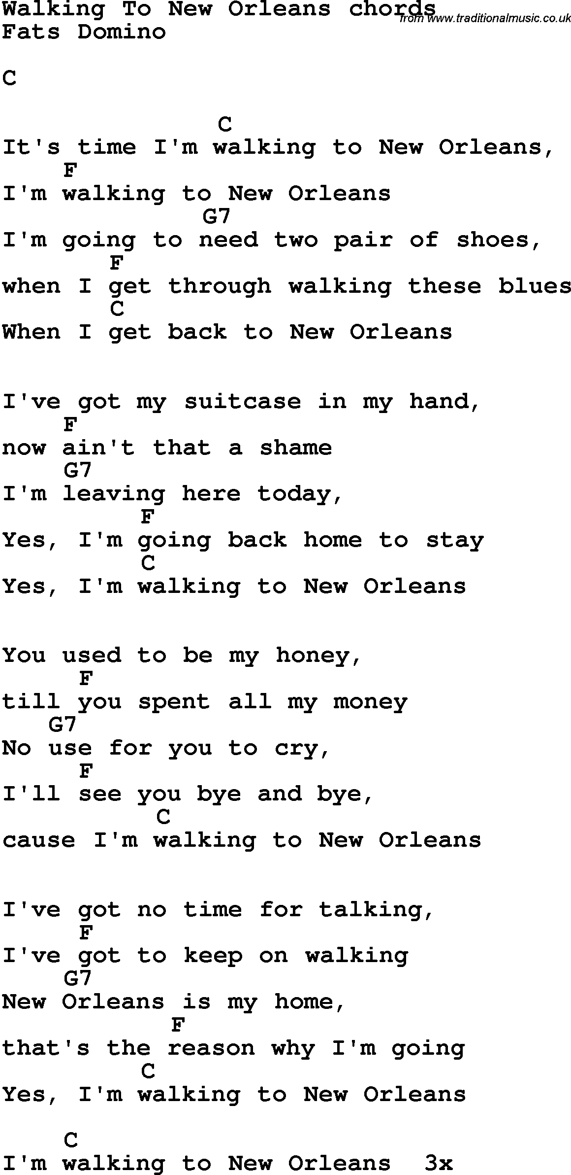 Song Lyrics with guitar chords for Walking To New Orleans