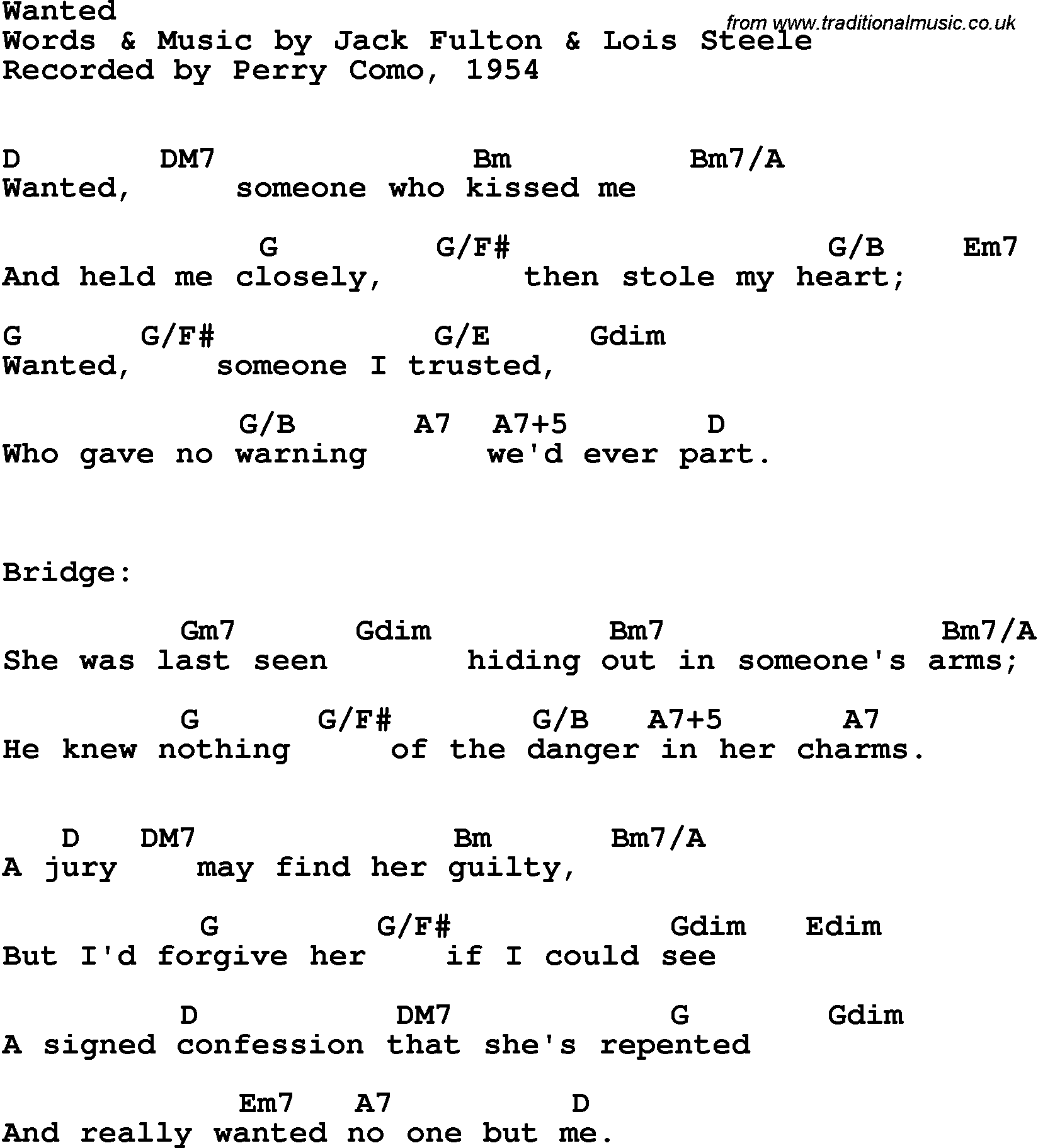 Song Lyrics with guitar chords for Wanted - Perry Como, 1954