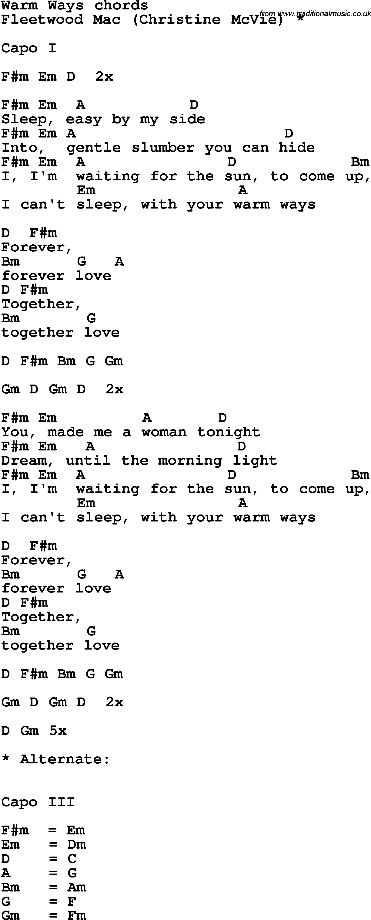 Song Lyrics with guitar chords for Warm Ways