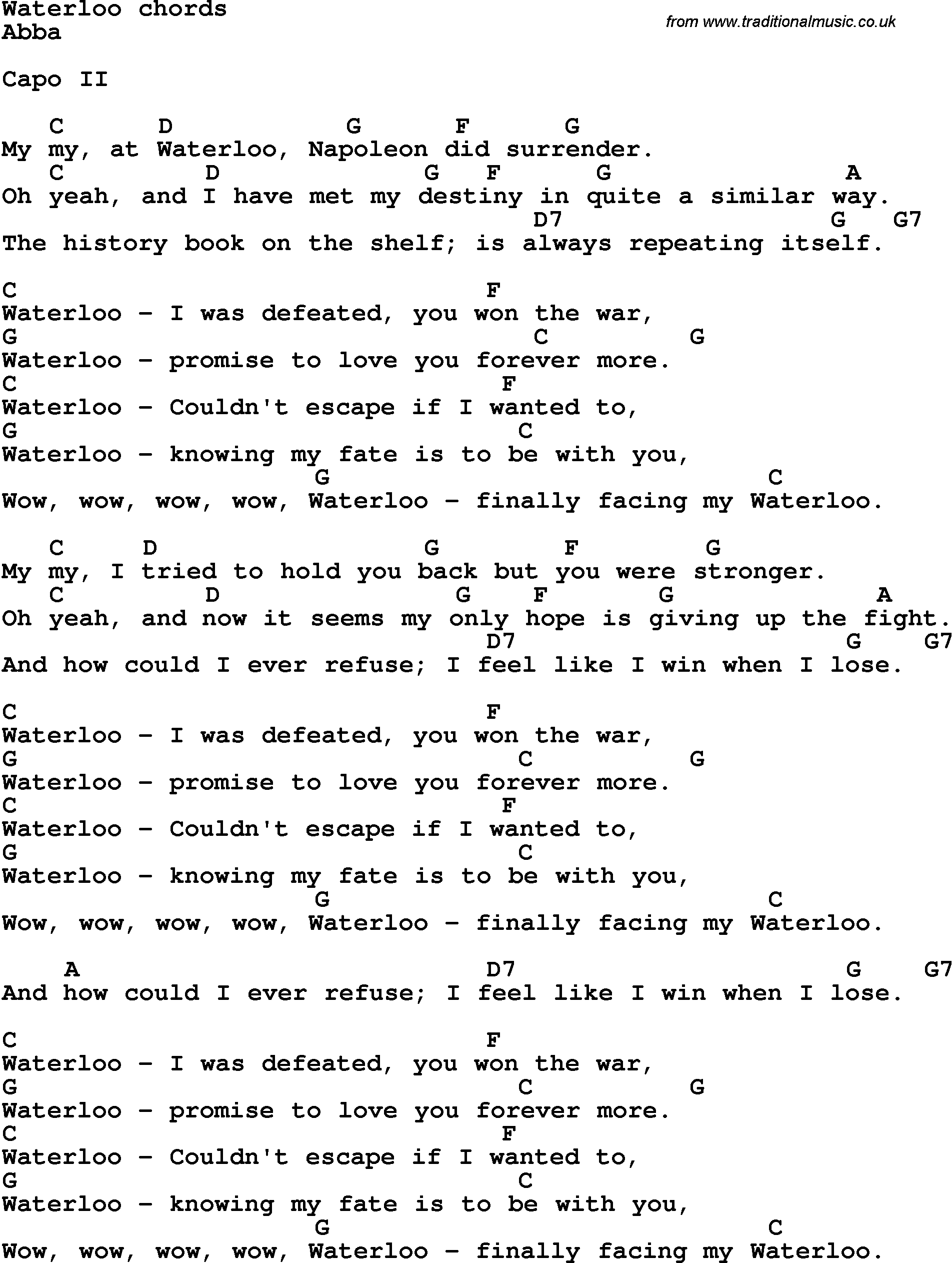 Song Lyrics with guitar chords for Waterloo