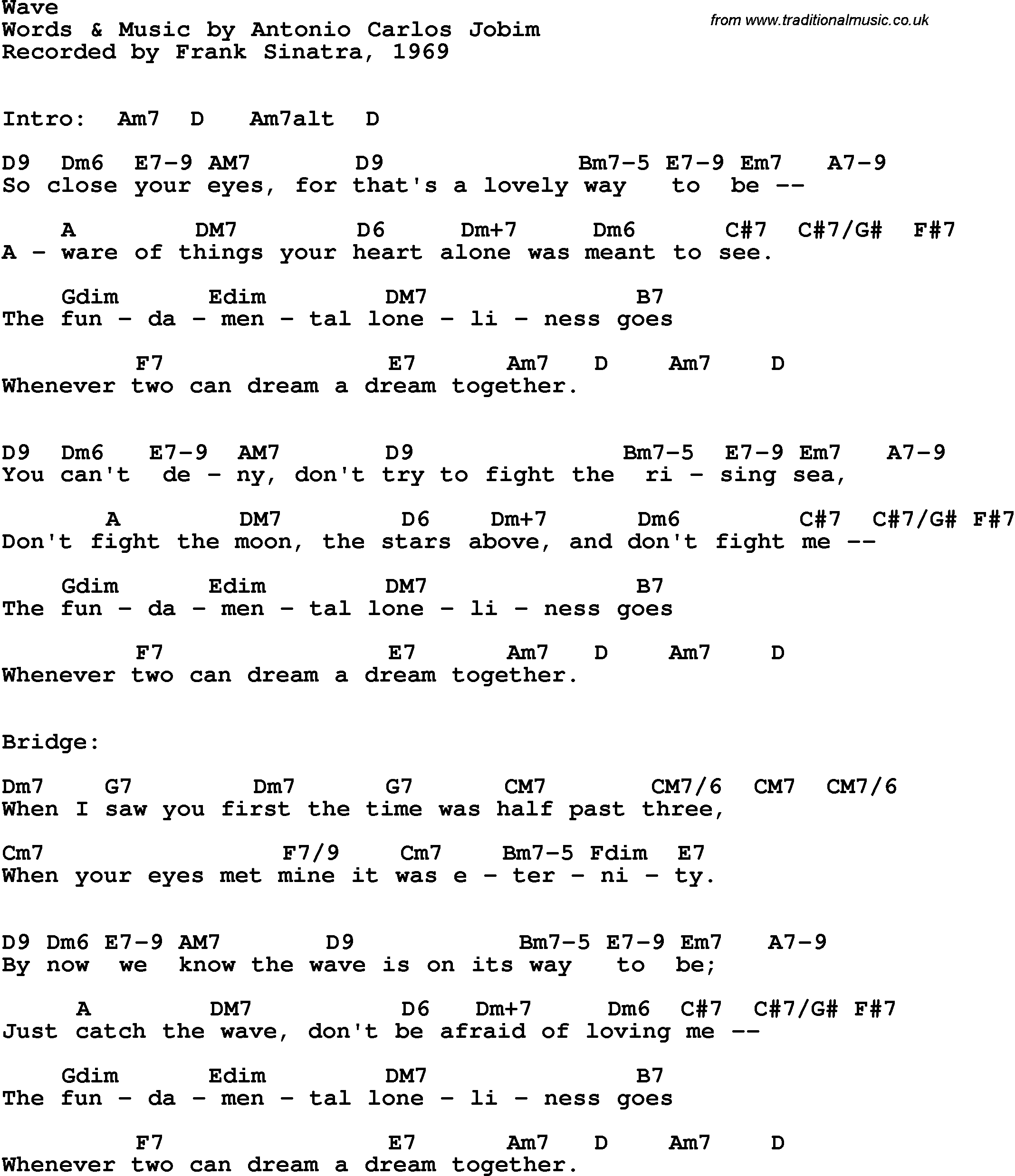 Song Lyrics with guitar chords for Wave - Frank Sinatra, 1969