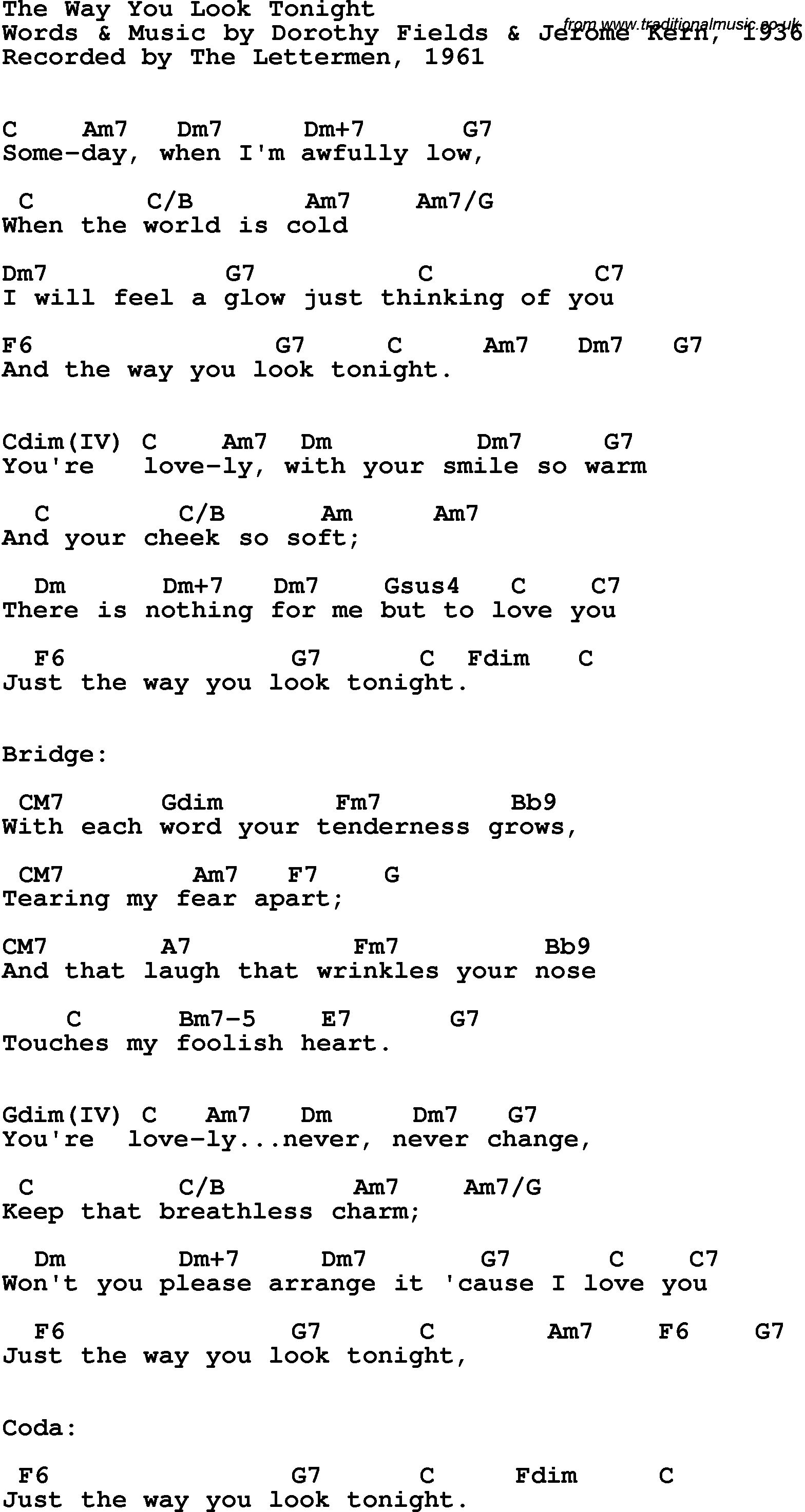 Song Lyrics with guitar chords for Way You Look Tonight, The - The Lettermen, 1961