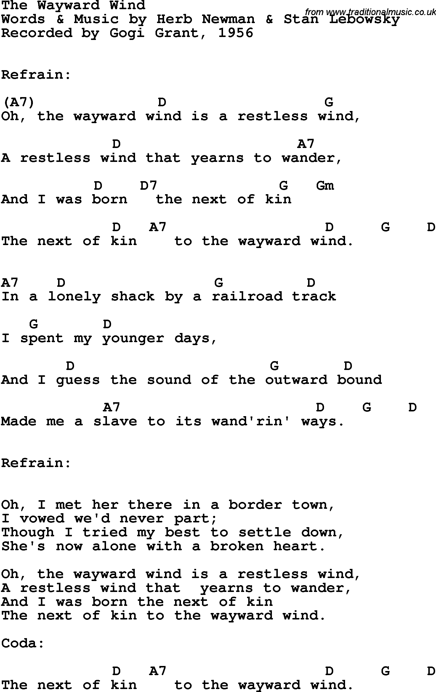 Song Lyrics with guitar chords for Wayward Wind, The - Gogi Grant, 1956