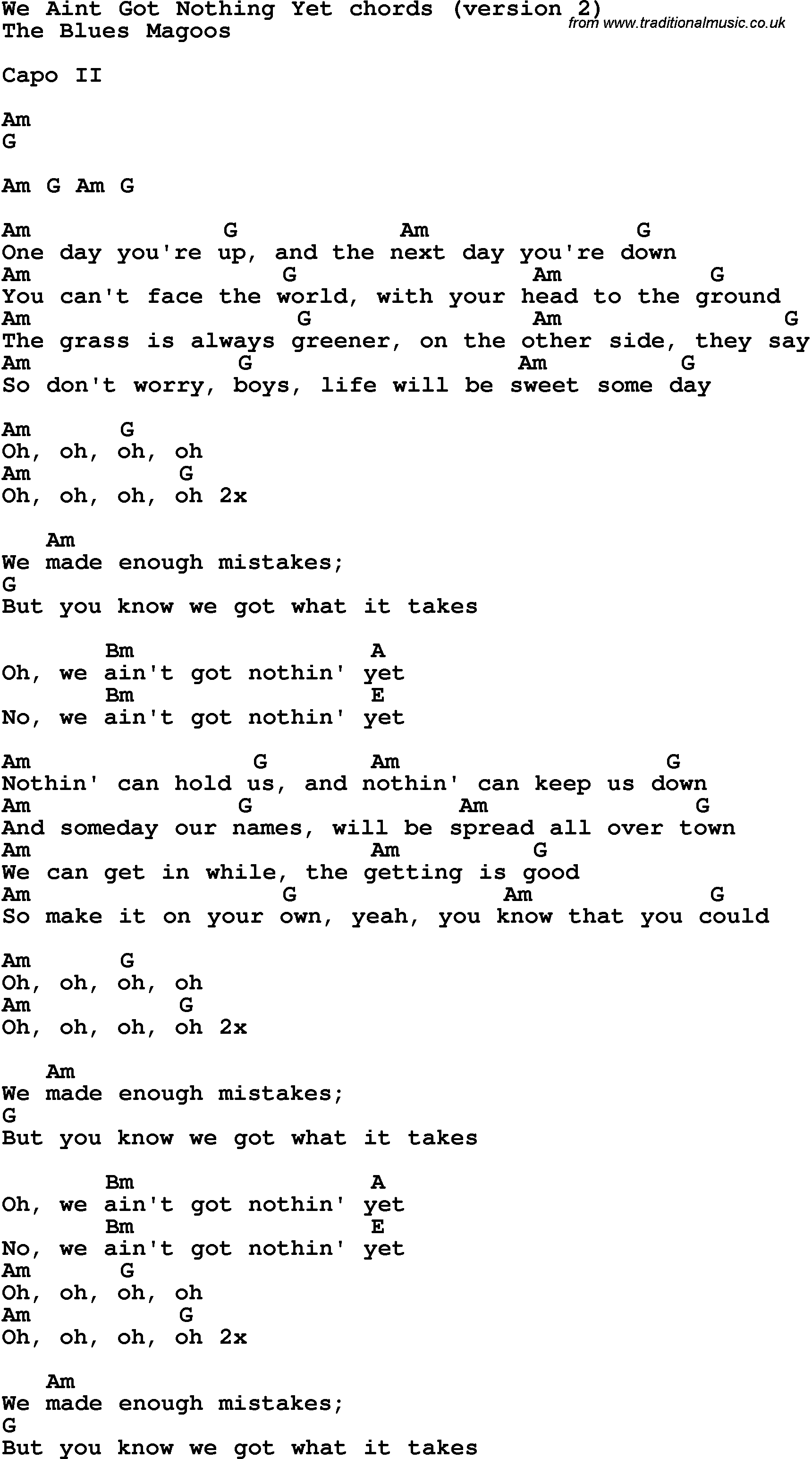 Song Lyrics with guitar chords for We Ain't Got Nothing Yet - The Blues Magoos